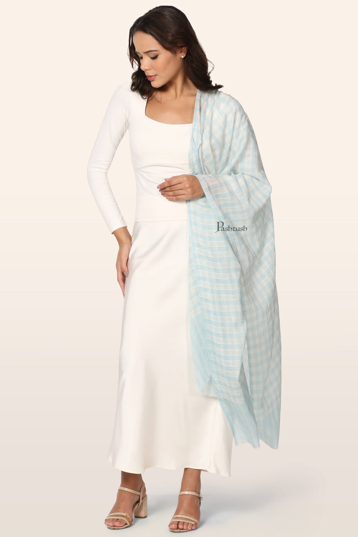 Pashtush India Womens Stoles and Scarves Scarf Pashtush Womens Extra Fine Wool Stole, Hand Embroidery Checkered Design, Aqua