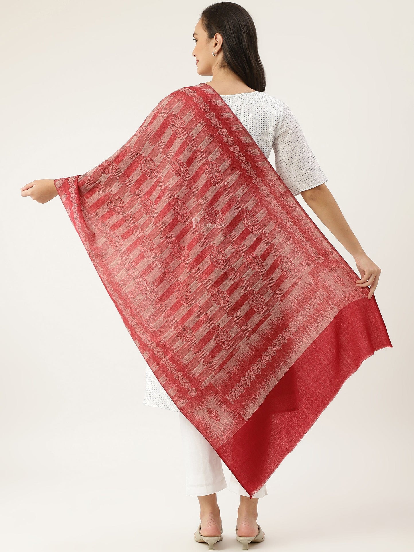 Pashtush India Womens Stoles and Scarves Scarf Pashtush womens Extra Fine Wool Stole, ikkat design, Maroon