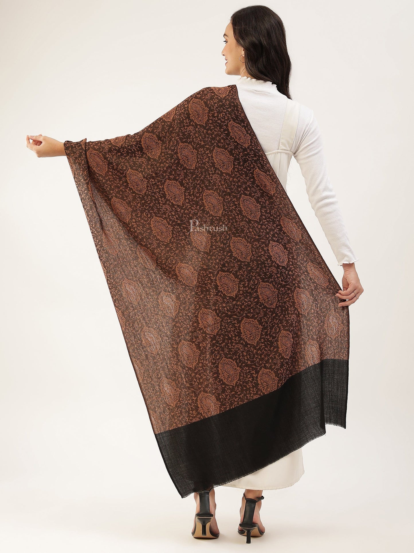 Pashtush India Womens Stoles and Scarves Scarf Pashtush Womens Extra Fine Wool stole, jacquard design, Black