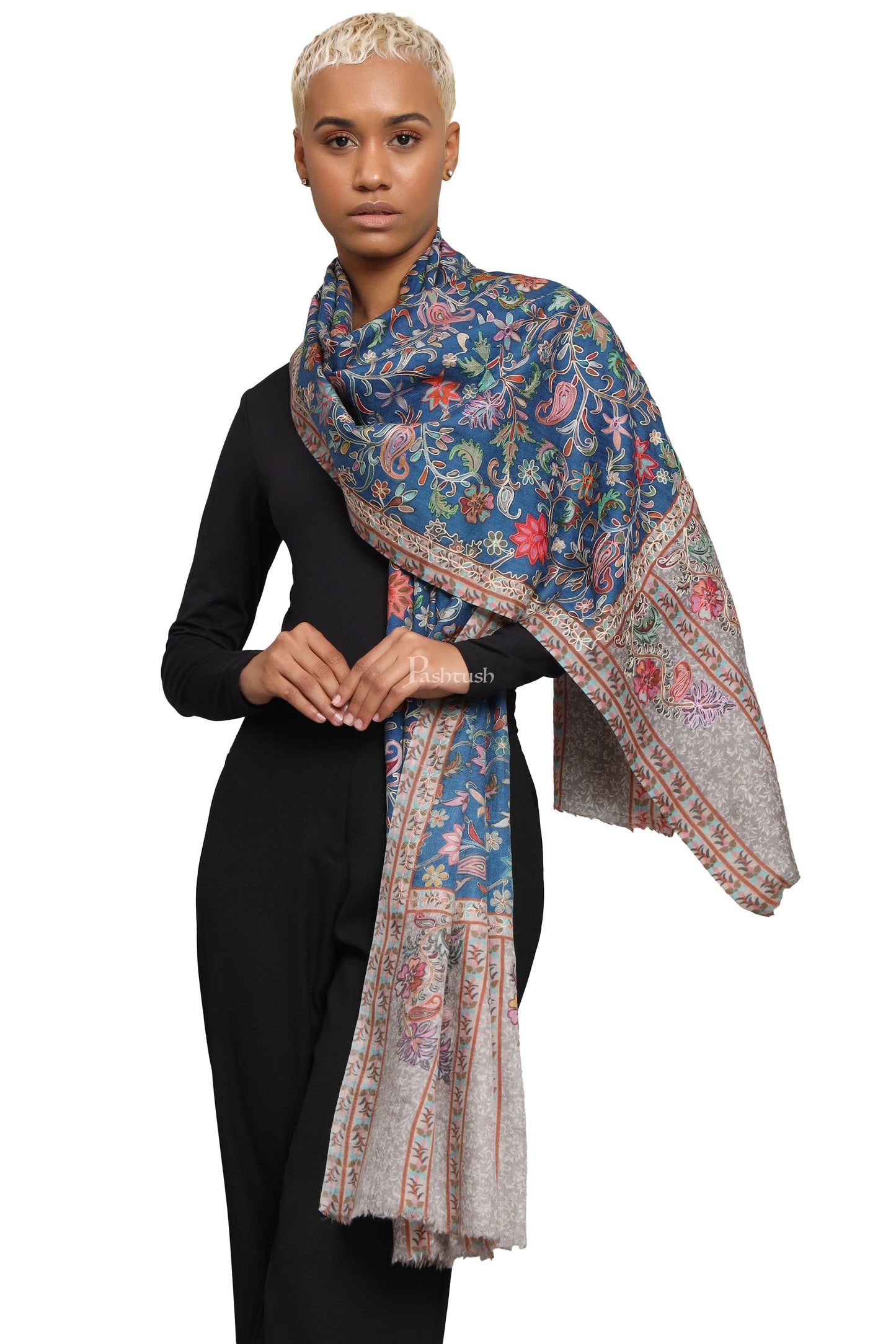 Pashtush India Womens Stoles Pashtush Womens Extra Fine Wool Stole, Kalamkari Embroidery Design, Blue