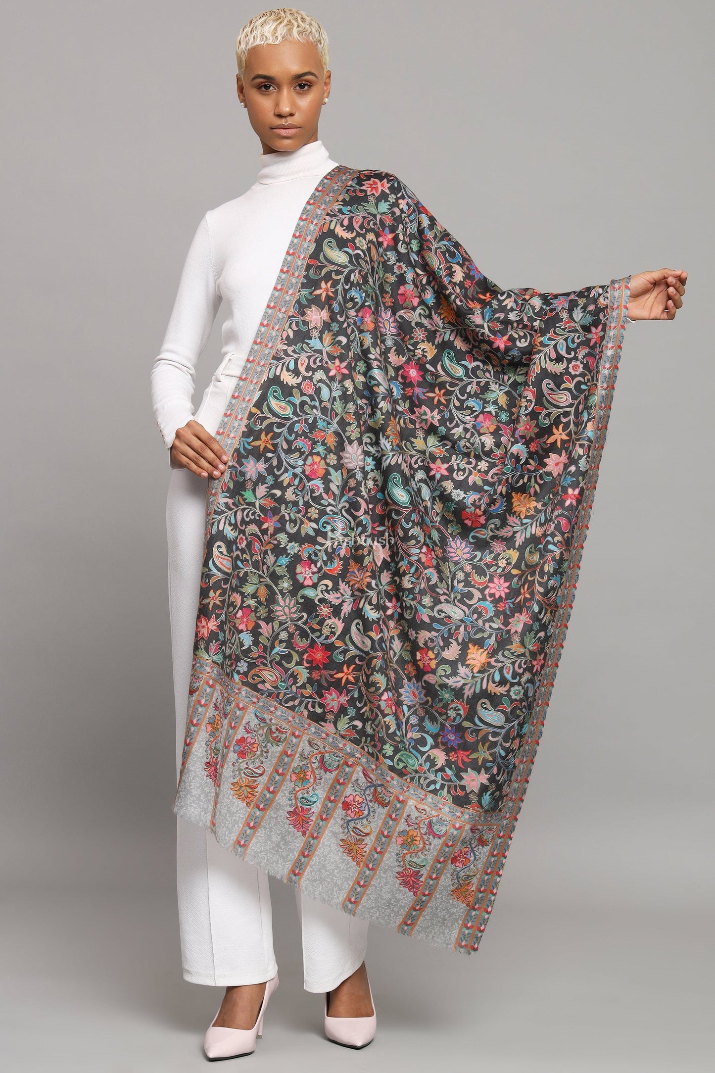 Pashtush India Womens Stoles Pashtush Womens Extra Fine Wool Stole, Kalamkari Embroidery Design, Multicolour