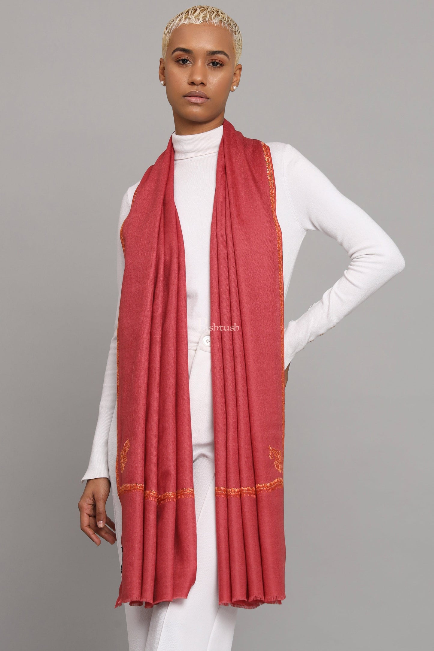 Pashtush India Womens Stoles Pashtush Womens Extra Fine Wool Stole, Kashmiri Hand Embroidery, Kingri Design, Morning Rose