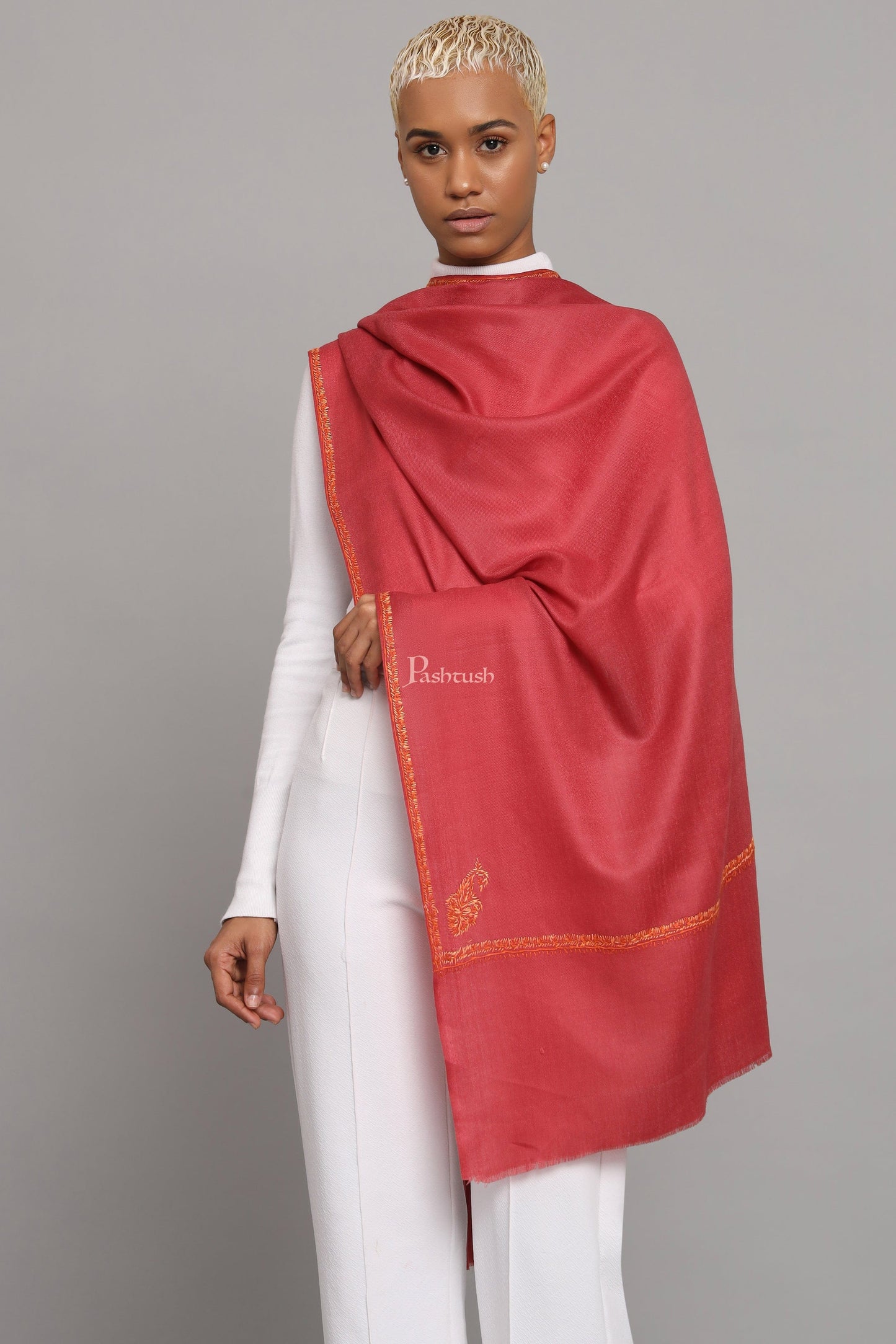 Pashtush India Womens Stoles Pashtush Womens Extra Fine Wool Stole, Kashmiri Hand Embroidery, Kingri Design, Morning Rose