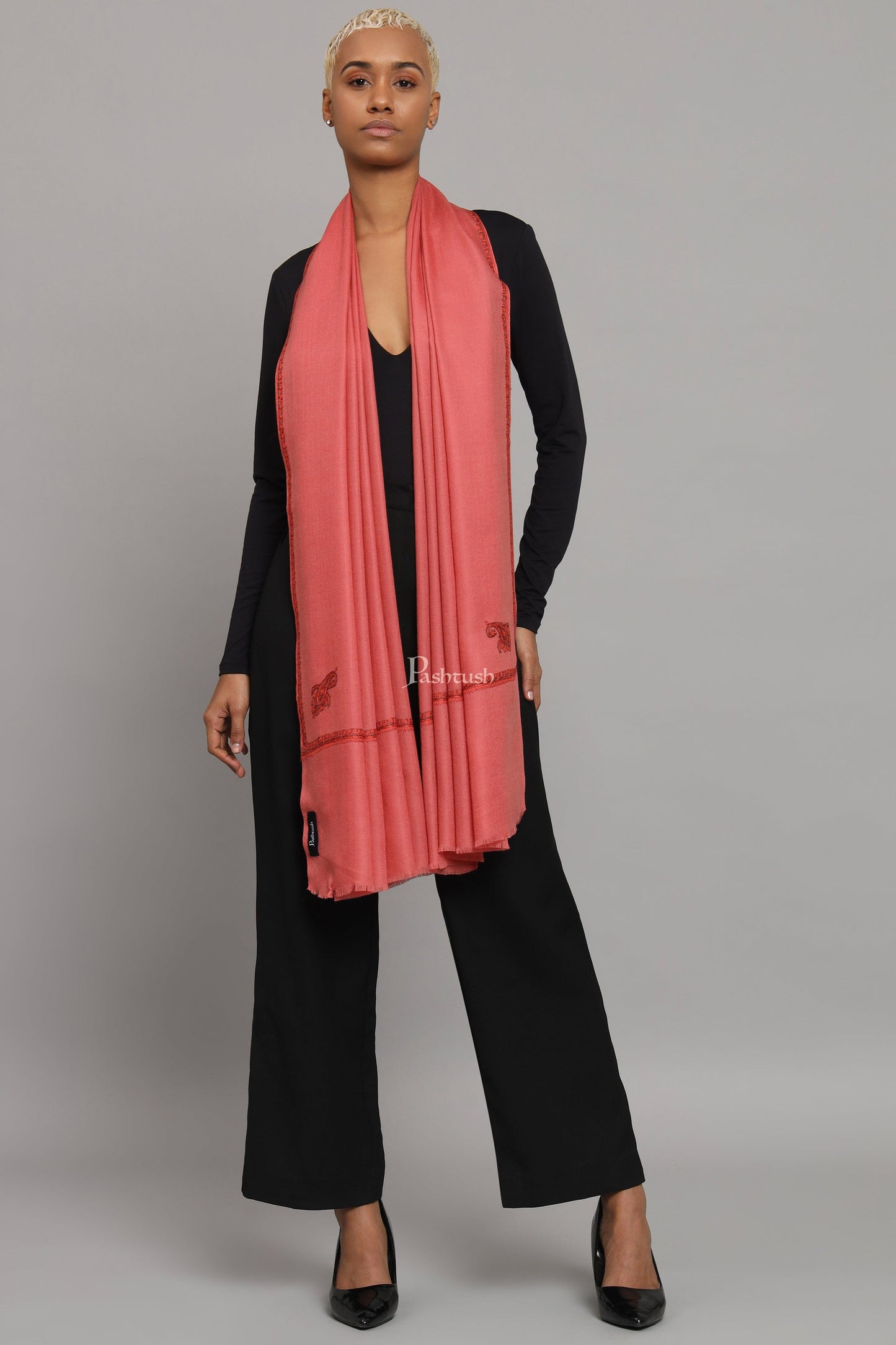 Pashtush India Womens Stoles Pashtush Womens Extra Fine Wool Stole, Kashmiri Hand Embroidery, Kingri Design, Pink