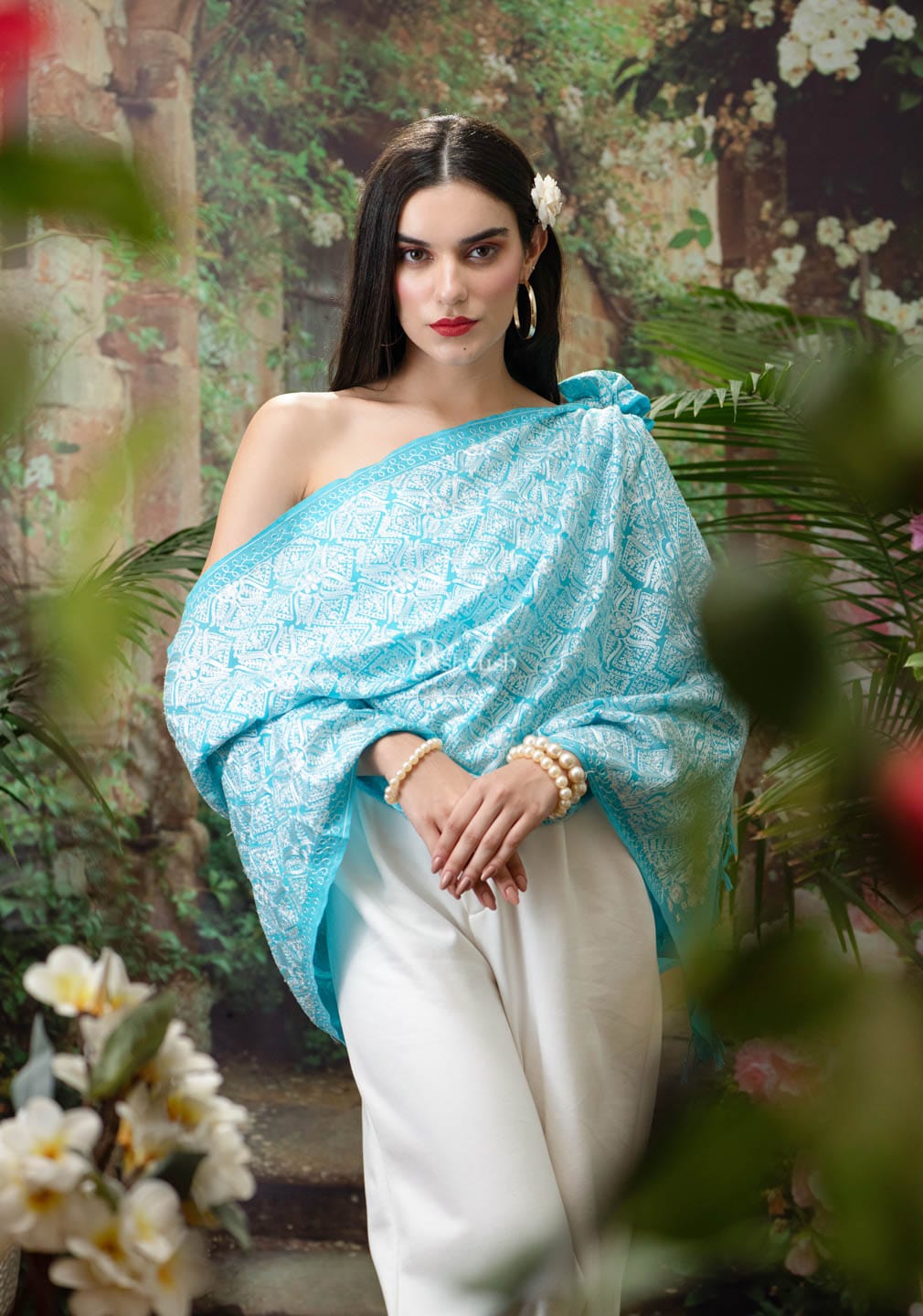Pashtush India Womens Stoles and Scarves Scarf Pashtush womens Extra Fine Wool stole, Nalki embroidery design, aqua blue