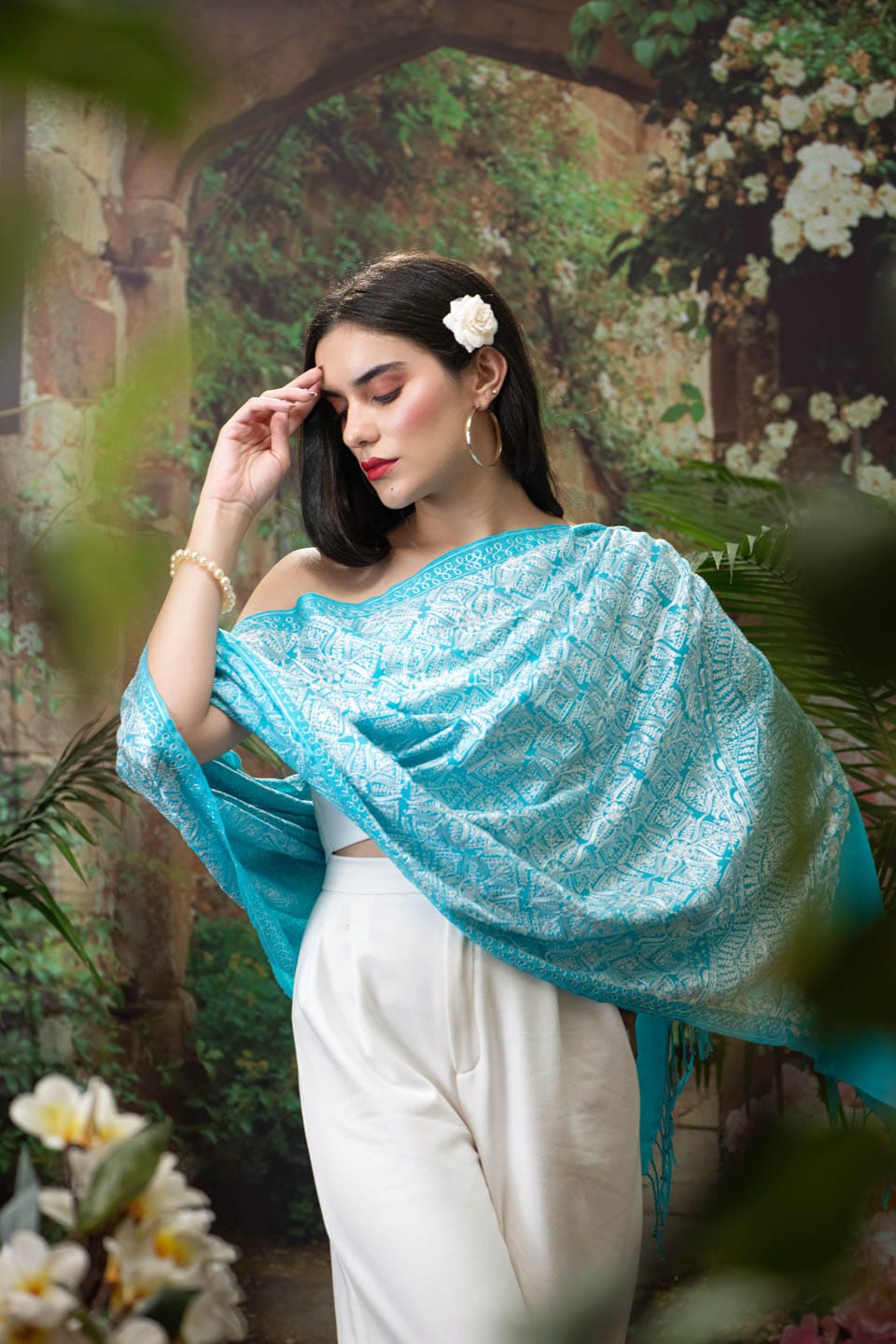 Pashtush India Womens Stoles and Scarves Scarf Pashtush womens Extra Fine Wool stole, Nalki embroidery design, aqua blue