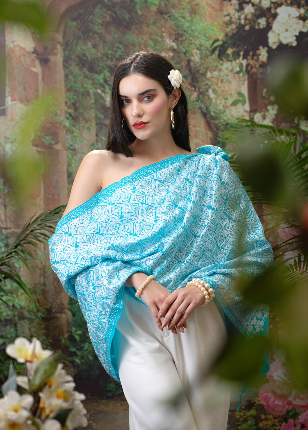 Pashtush India Womens Stoles and Scarves Scarf Pashtush womens Extra Fine Wool stole, Nalki embroidery design, aqua blue