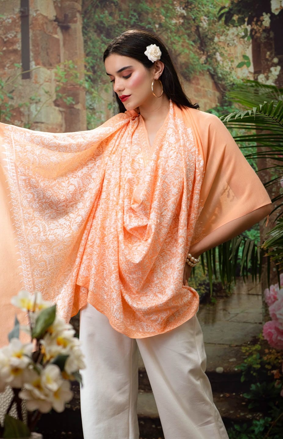 Pashtush India Womens Stoles and Scarves Scarf Pashtush womens Extra Fine Wool stole, Nalki embroidery design, Peach