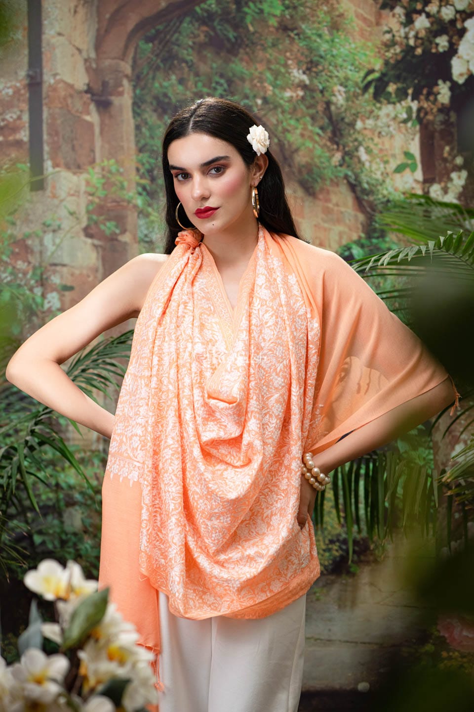 Pashtush India Womens Stoles and Scarves Scarf Pashtush womens Extra Fine Wool stole, Nalki embroidery design, Peach