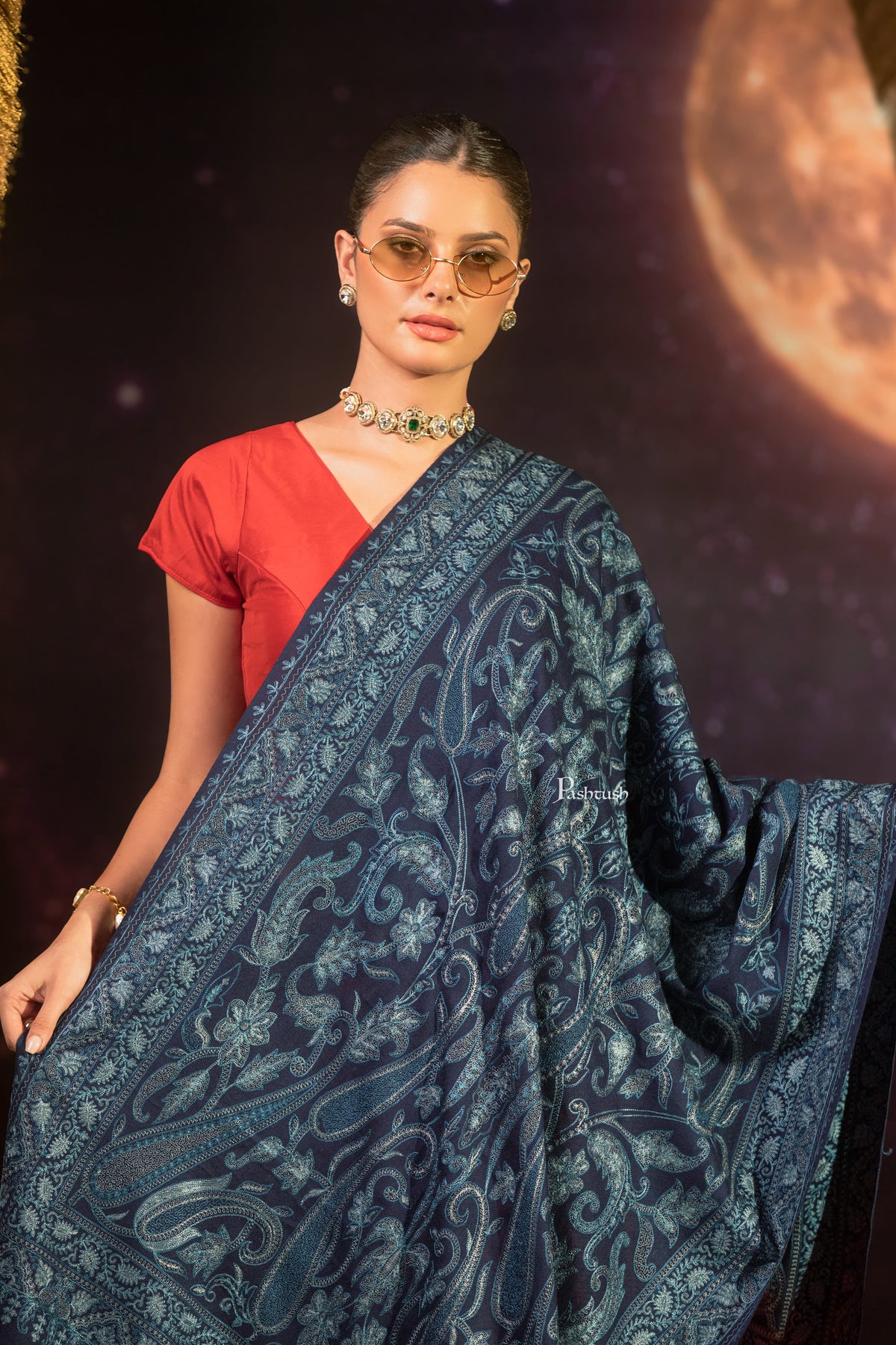 Pashtush India Womens Stole Pashtush Womens Extra Fine Wool Stole, Paisley Design, Navy Blue