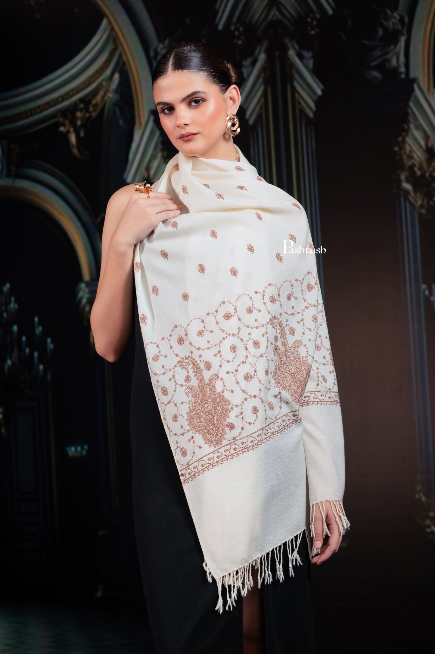Pashtush India womens scarf and Stoles Pashtush Womens Extra Fine Wool Stole, Paisley Embroidery Palla Design, Ivory