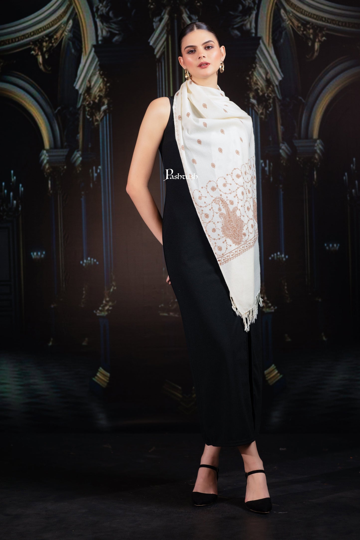 Pashtush India womens scarf and Stoles Pashtush Womens Extra Fine Wool Stole, Paisley Embroidery Palla Design, Ivory