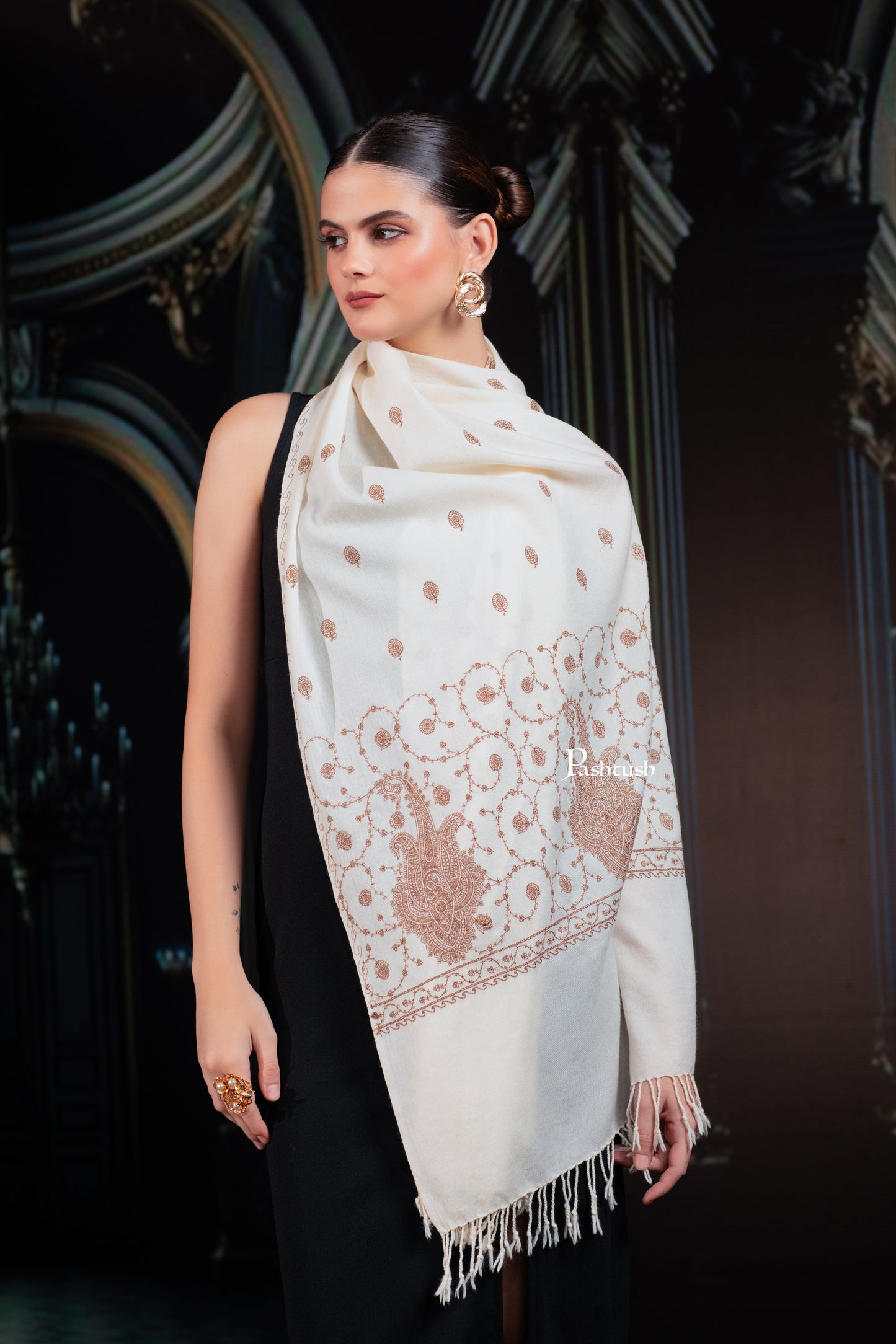 Pashtush India womens scarf and Stoles Pashtush Womens Extra Fine Wool Stole, Paisley Embroidery Palla Design, Ivory