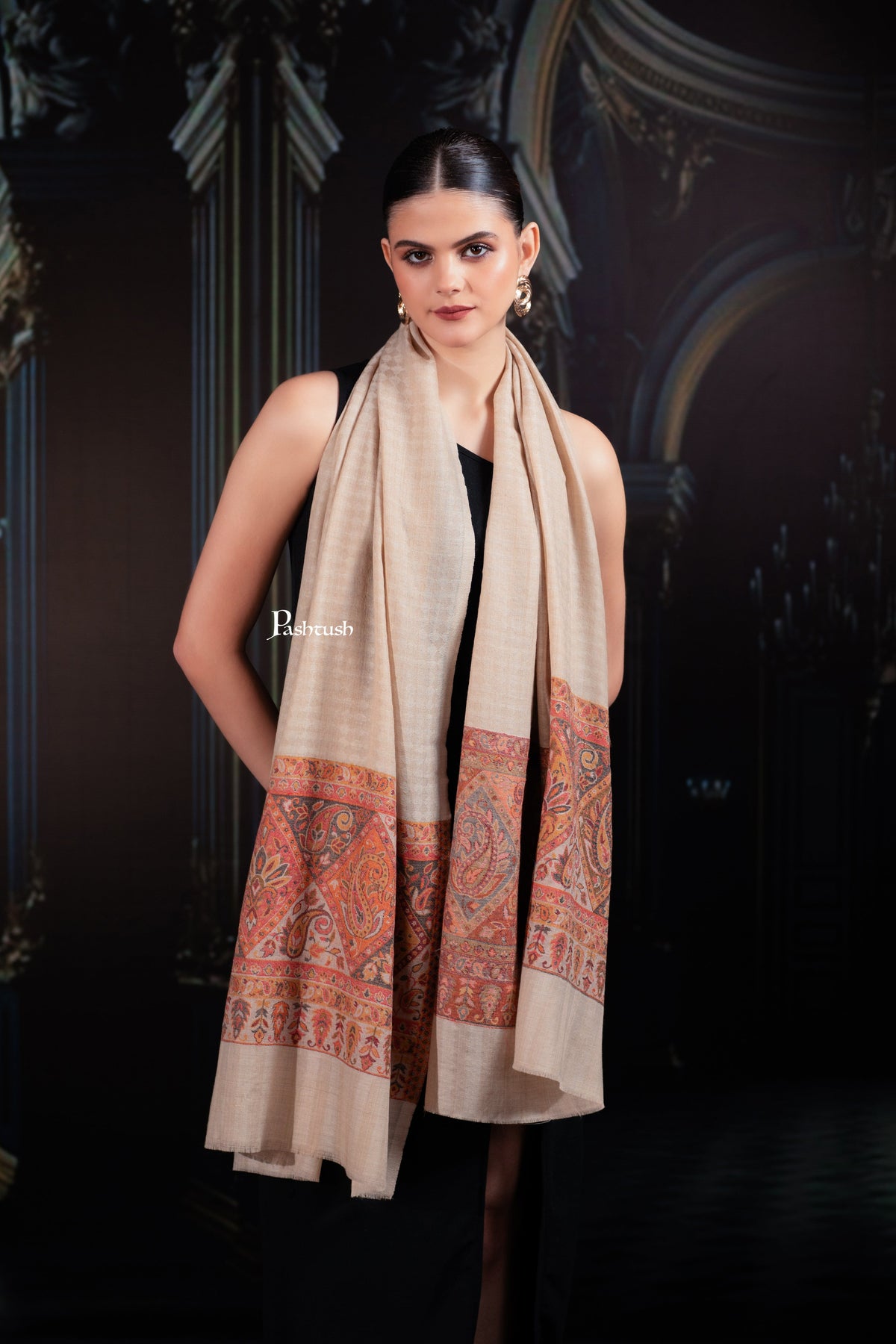 Pashtush India womens scarf and Stoles Pashtush Womens Extra Fine Wool Stole, Paisley Palla Design, Beige