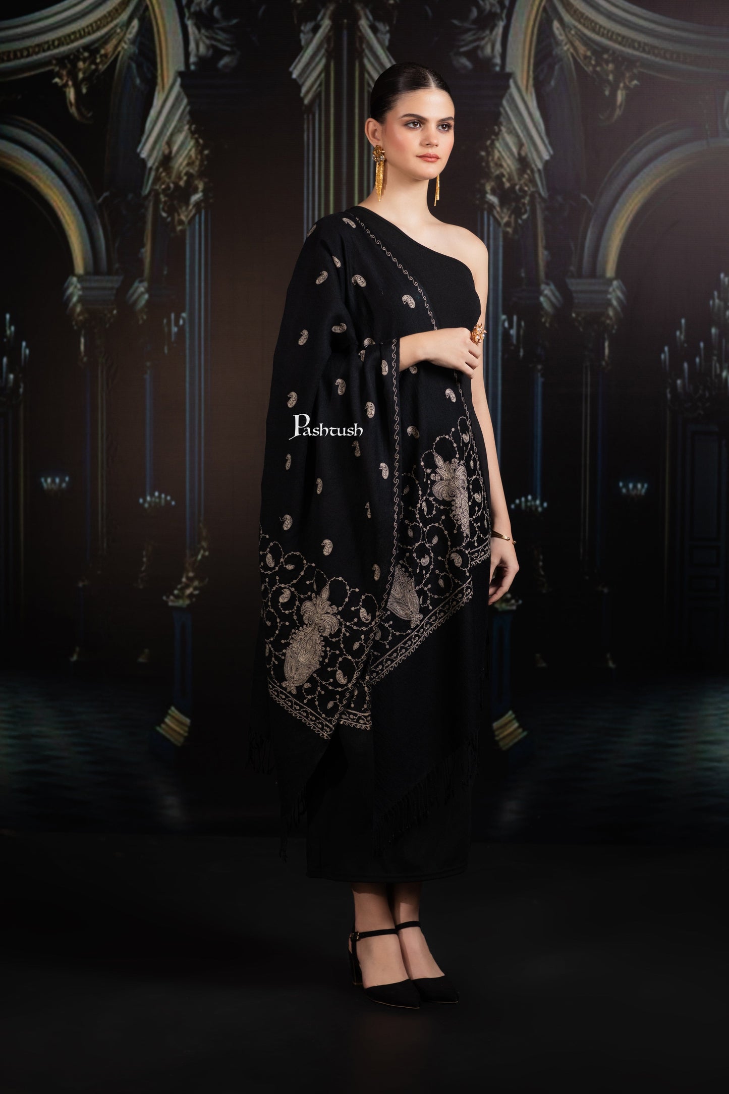 Pashtush India womens scarf and Stoles Pashtush Womens Extra Fine Wool Stole, Paisley Ton On Ton Embroidery Palla Design, Black
