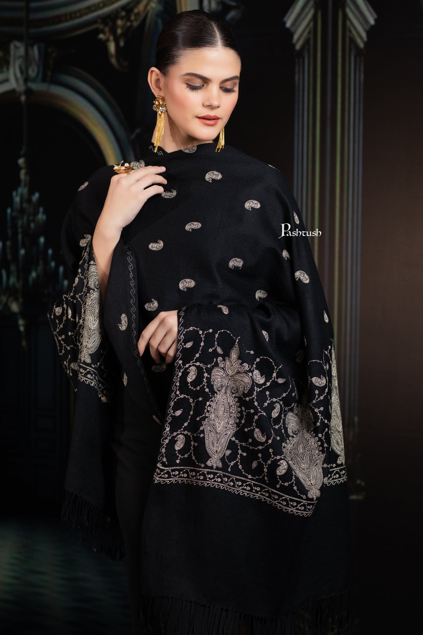 Pashtush India womens scarf and Stoles Pashtush Womens Extra Fine Wool Stole, Paisley Ton On Ton Embroidery Palla Design, Black