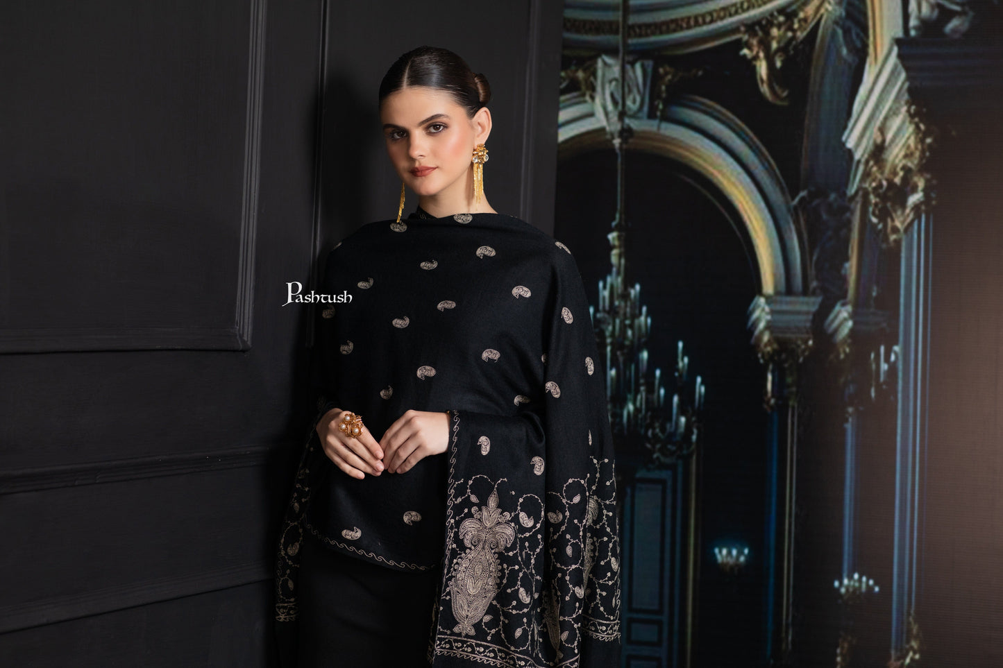 Pashtush India womens scarf and Stoles Pashtush Womens Extra Fine Wool Stole, Paisley Ton On Ton Embroidery Palla Design, Black