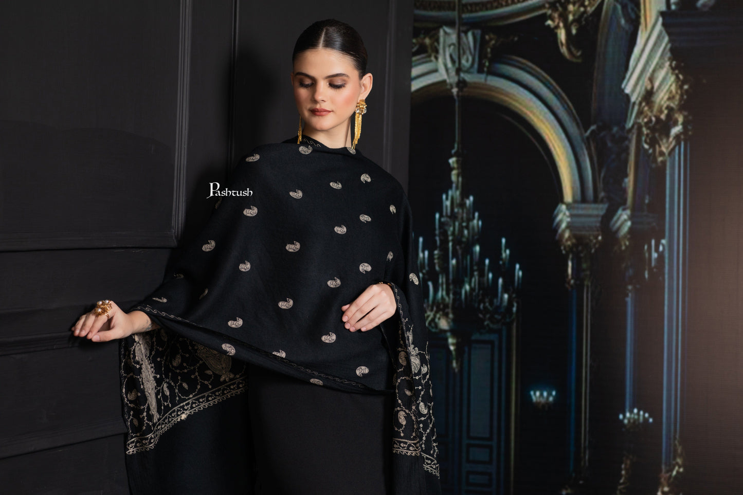Pashtush India womens scarf and Stoles Pashtush Womens Extra Fine Wool Stole, Paisley Ton On Ton Embroidery Palla Design, Black