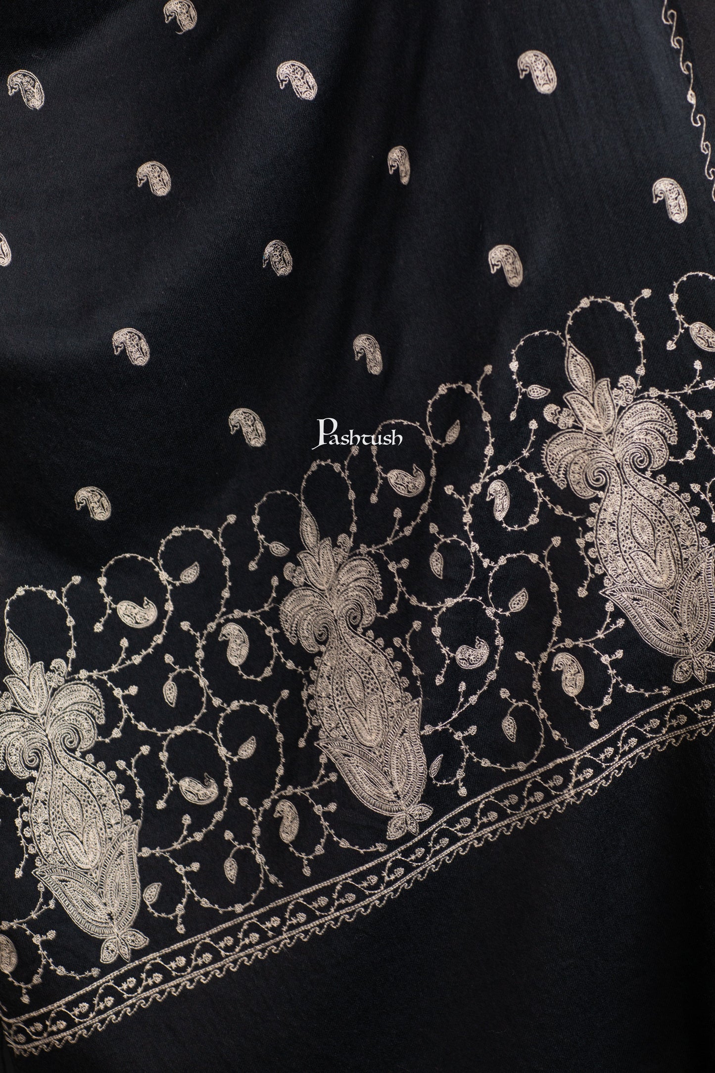 Pashtush India womens scarf and Stoles Pashtush Womens Extra Fine Wool Stole, Paisley Ton On Ton Embroidery Palla Design, Black