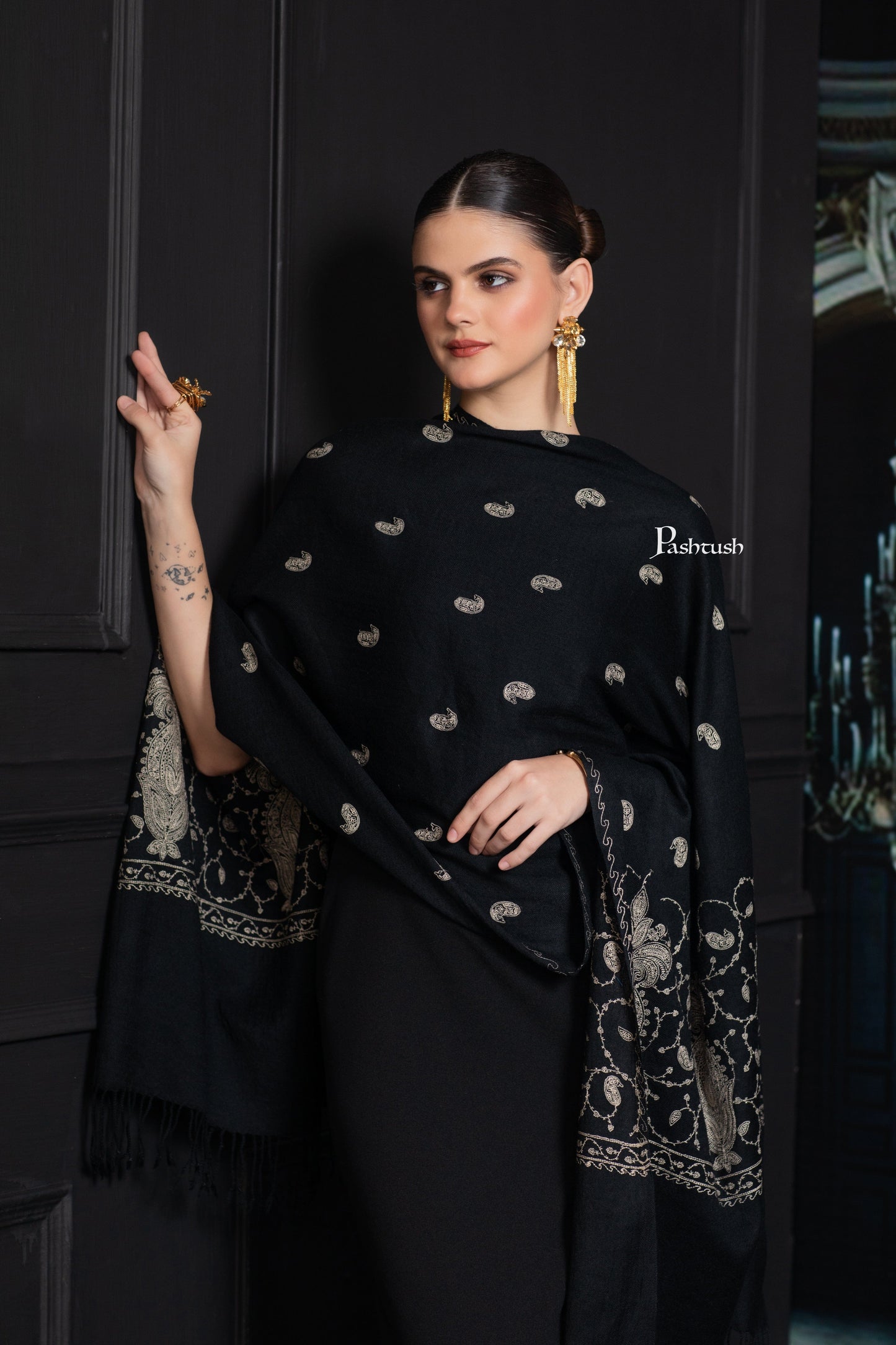 Pashtush India womens scarf and Stoles Pashtush Womens Extra Fine Wool Stole, Paisley Ton On Ton Embroidery Palla Design, Black