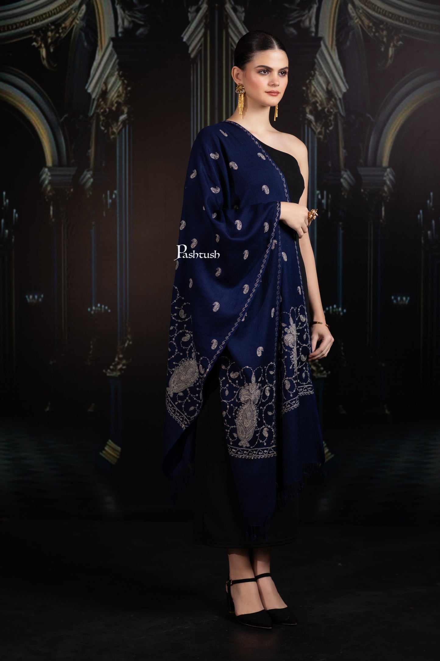 Pashtush India womens scarf and Stoles Pashtush Womens Extra Fine Wool Stole, Paisley Ton On Ton Embroidery Palla Design, Blue