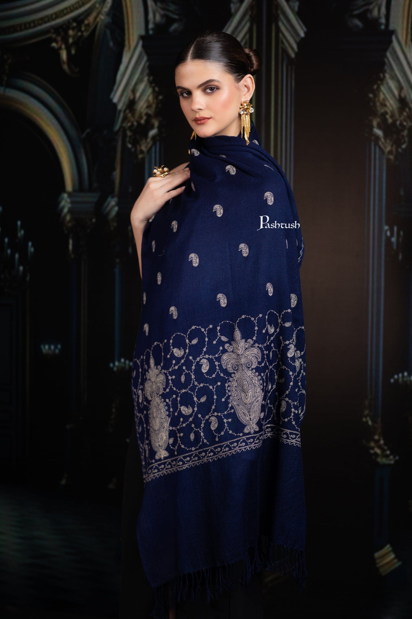 Pashtush India womens scarf and Stoles Pashtush Womens Extra Fine Wool Stole, Paisley Ton On Ton Embroidery Palla Design, Blue
