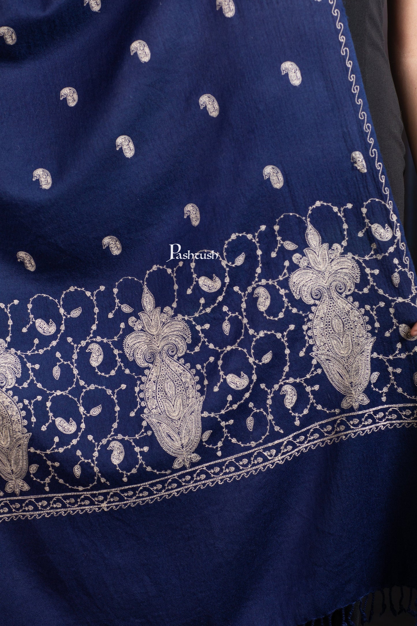 Pashtush India womens scarf and Stoles Pashtush Womens Extra Fine Wool Stole, Paisley Ton On Ton Embroidery Palla Design, Blue