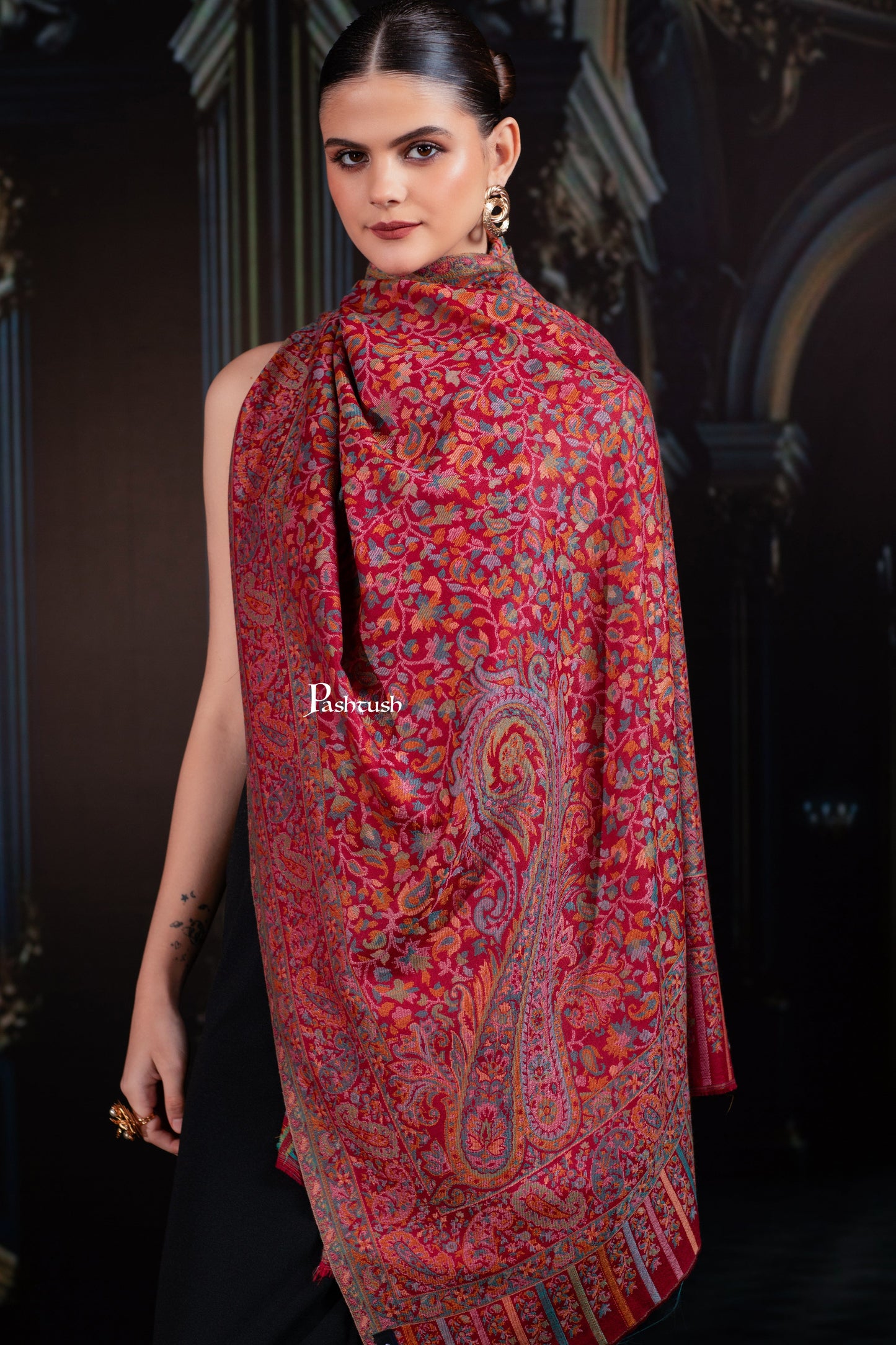 Pashtush India Womens Shawls Pashtush Womens Extra Fine Wool Stole, Paisley Weave Design, Crimson Maroon