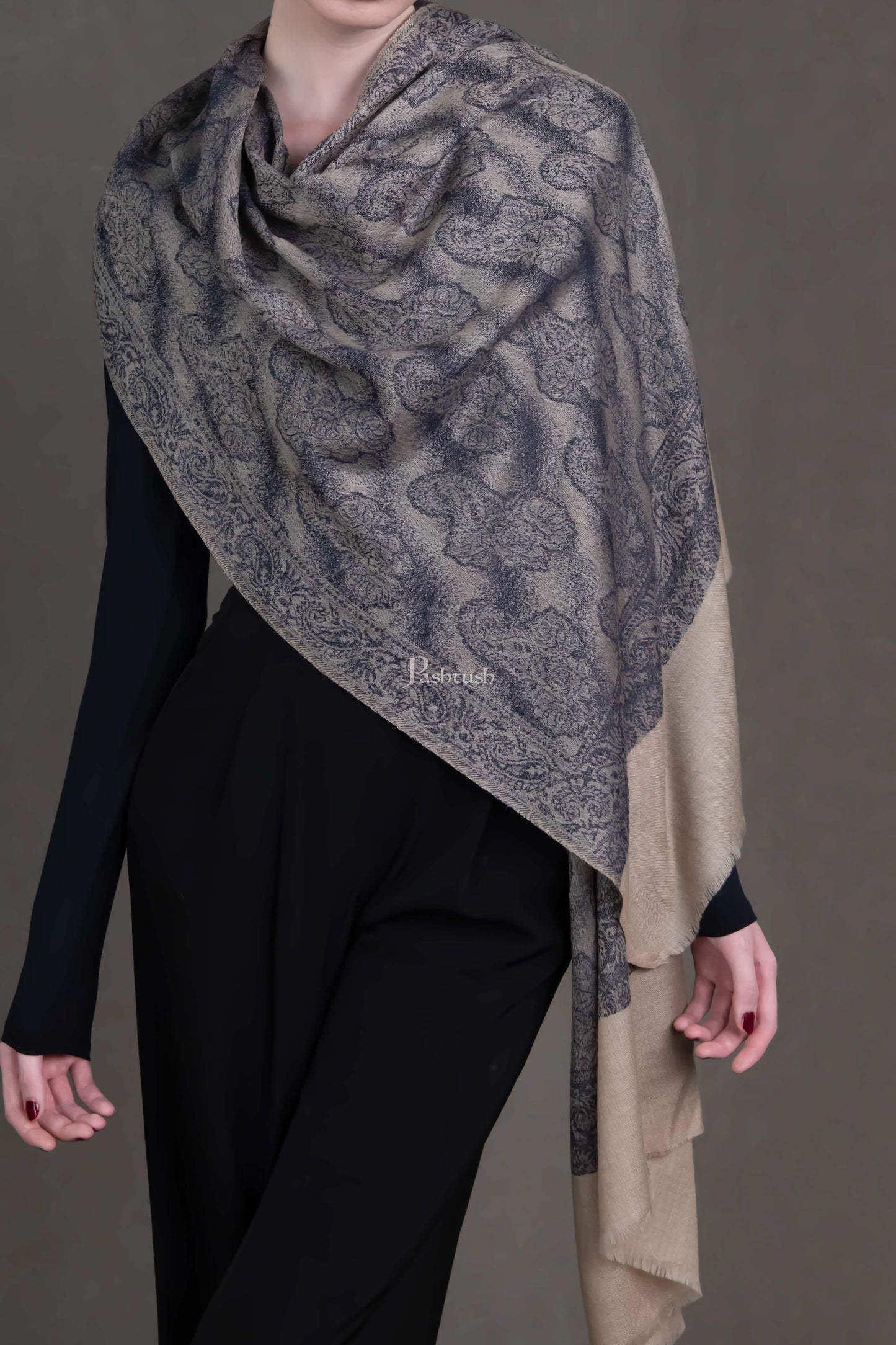 Pashtush India Womens Stoles Pashtush Womens Extra Fine Wool Stole, Pasiley Design, Black