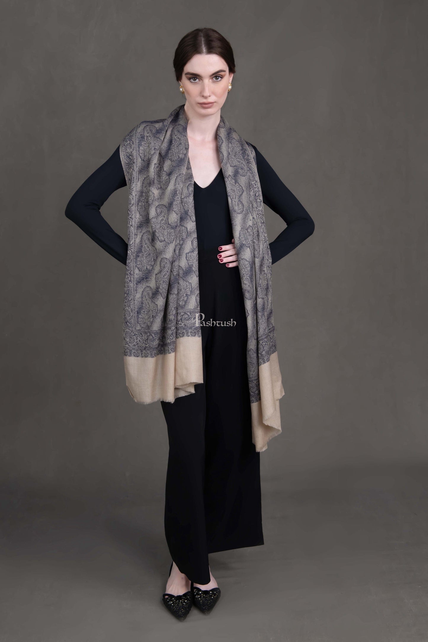 Pashtush India Womens Stoles Pashtush Womens Extra Fine Wool Stole, Pasiley Design, Black