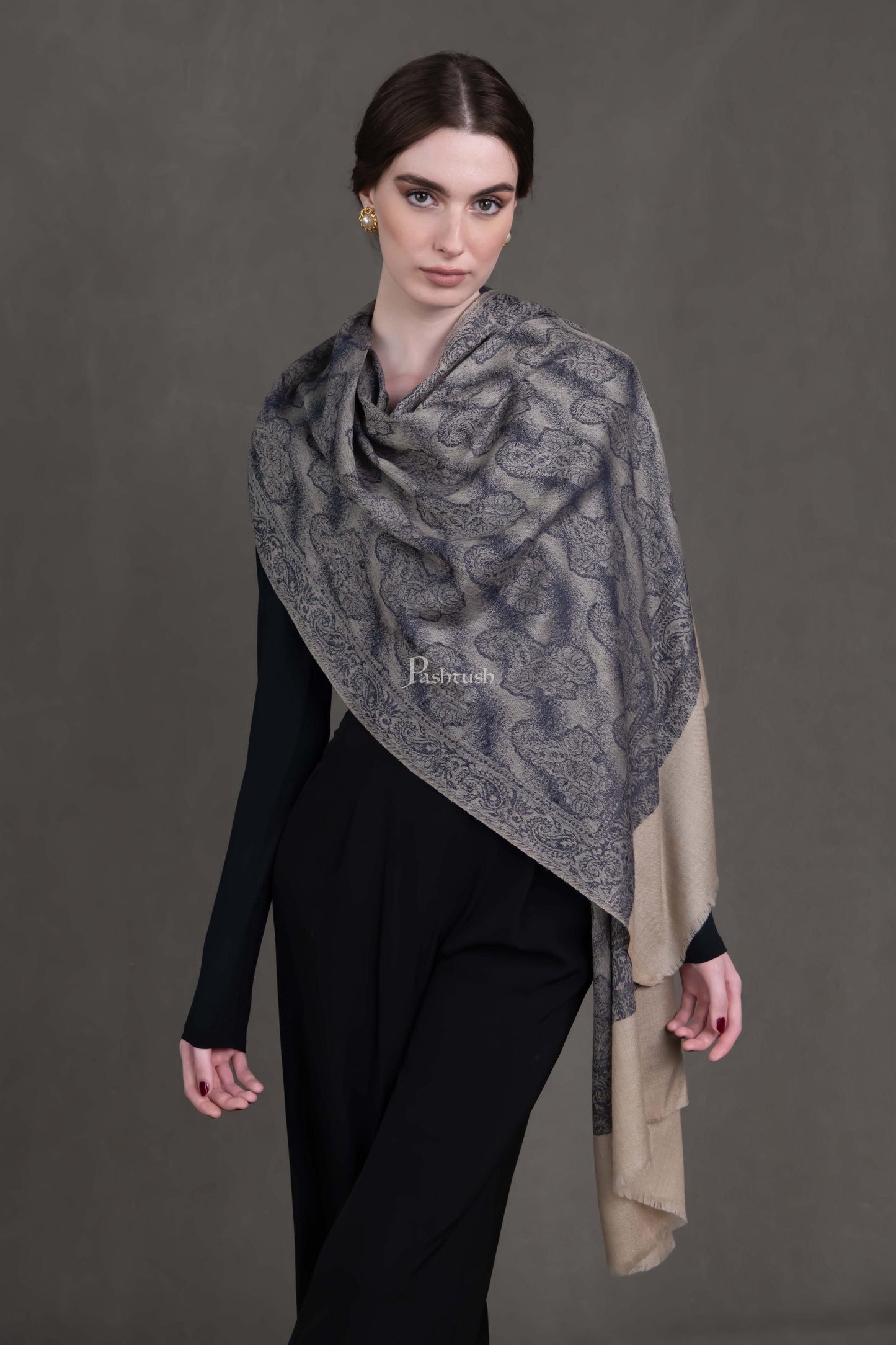 Pashtush India Womens Stoles Pashtush Womens Extra Fine Wool Stole, Pasiley Design, Black