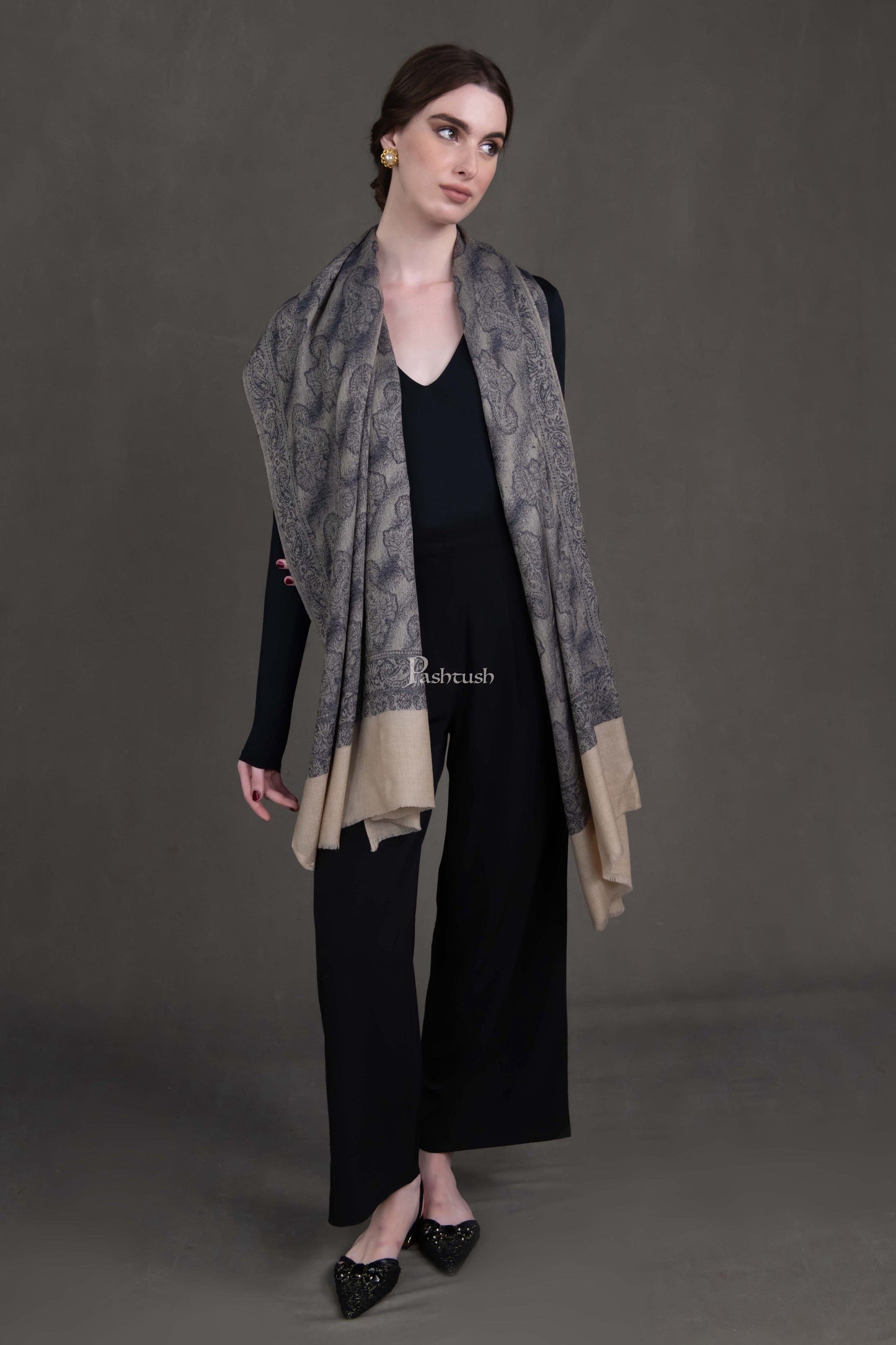 Pashtush India Womens Stoles Pashtush Womens Extra Fine Wool Stole, Pasiley Design, Black