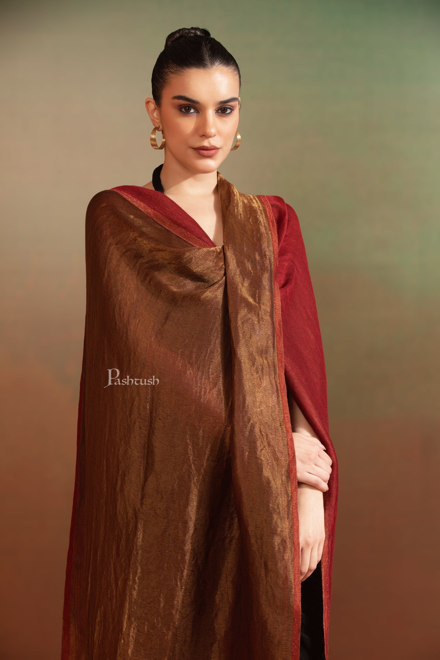 Pashtush India Womens Stoles and Scarves Scarf Pashtush Womens Extra Fine Wool Stole, Reversible Zari Design, Maroon