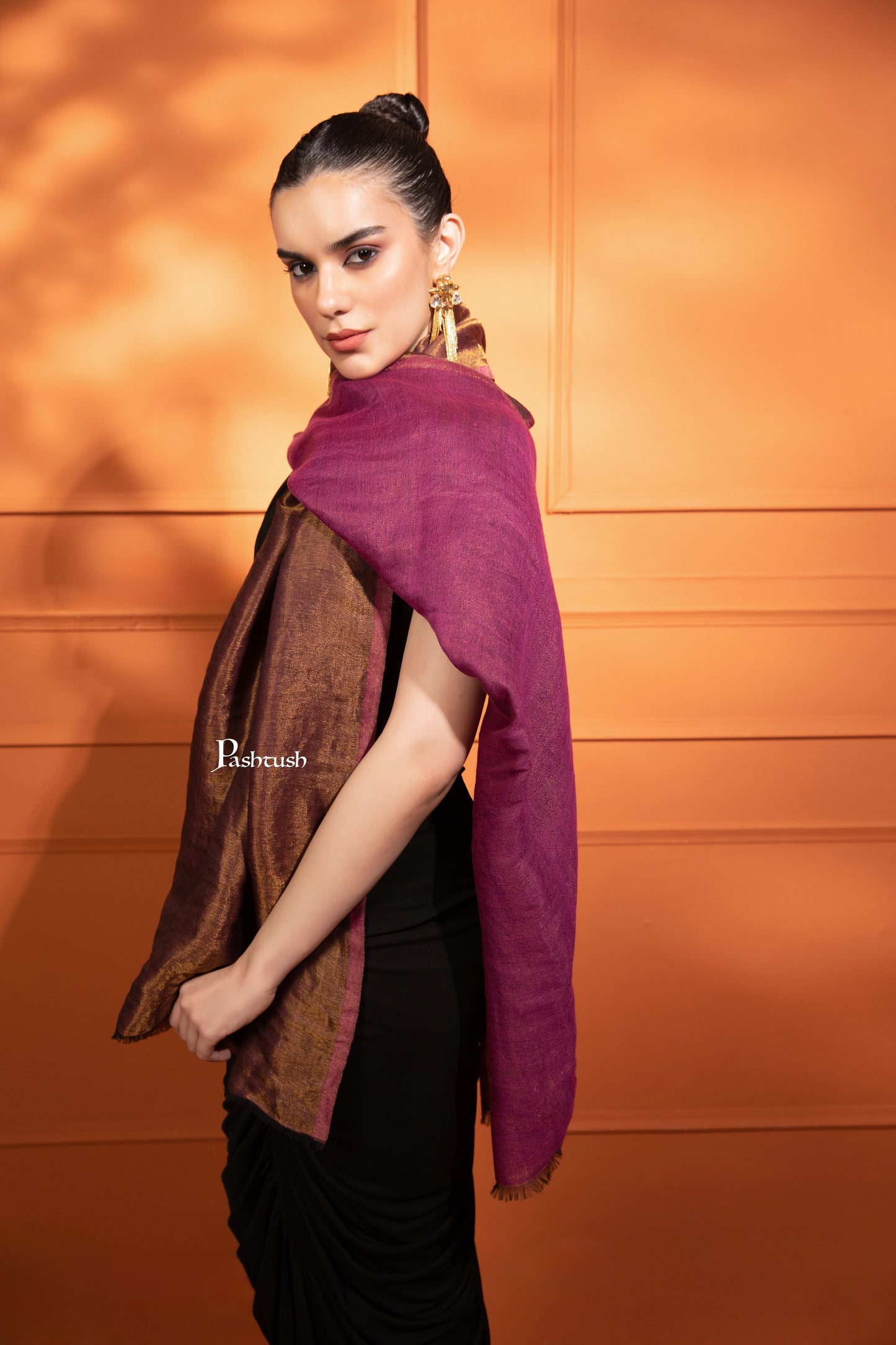 Pashtush India Womens Stoles and Scarves Scarf Pashtush Womens Extra Fine Wool Stole, Reversible Zari Design, Purple