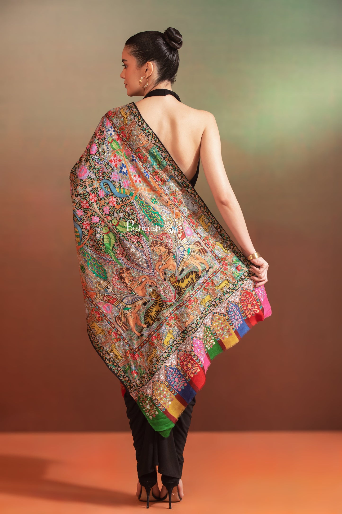Pashtush India Womens Stole Pashtush Womens Extra Fine Wool Stole, Shikaar-Dar Hand Embroidered, Hand Painted Kalamkari Design, Multicolour