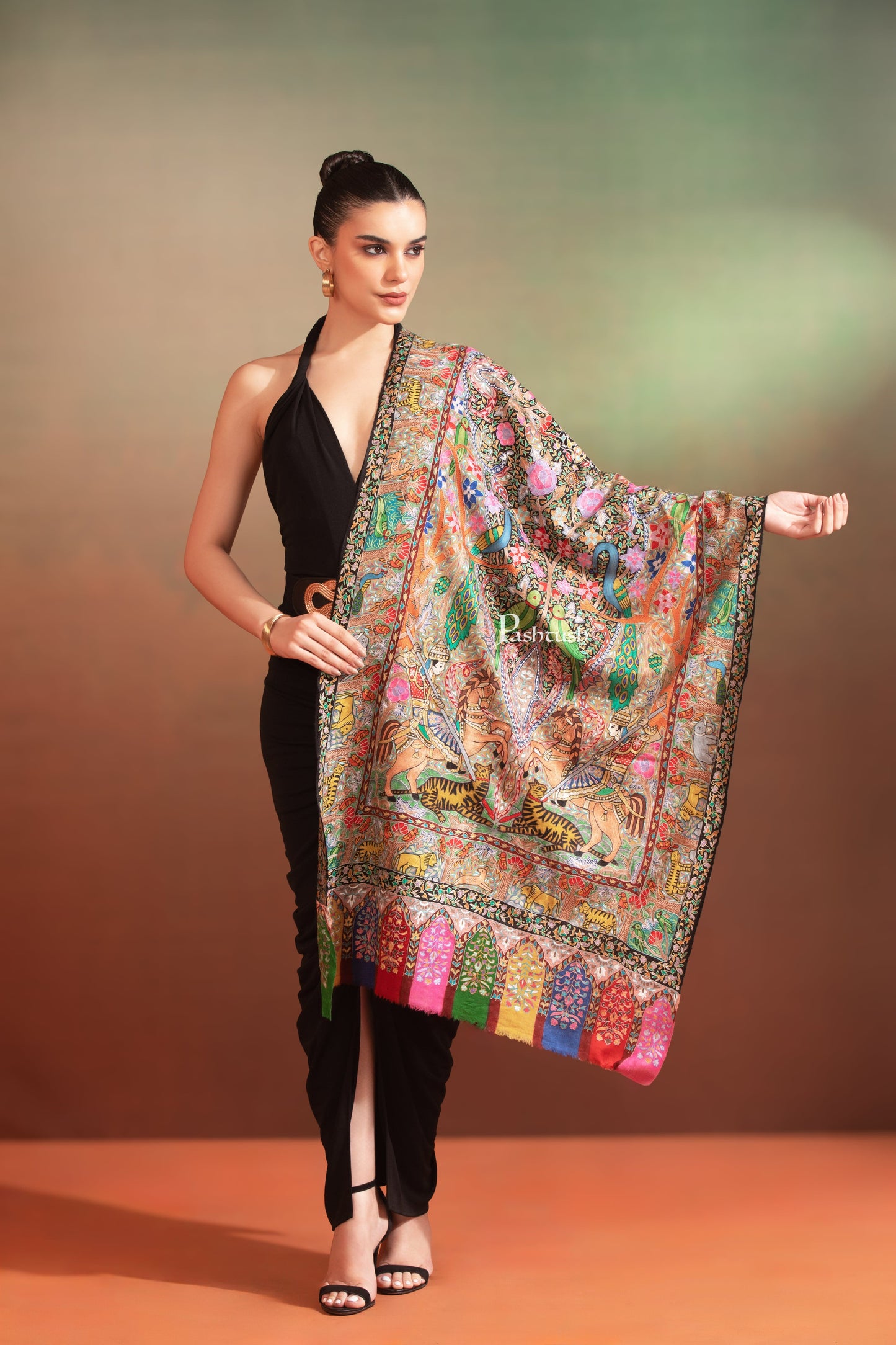 Pashtush India Womens Stole Pashtush Womens Extra Fine Wool Stole, Shikaar-Dar Hand Embroidered, Hand Painted Kalamkari Design, Multicolour