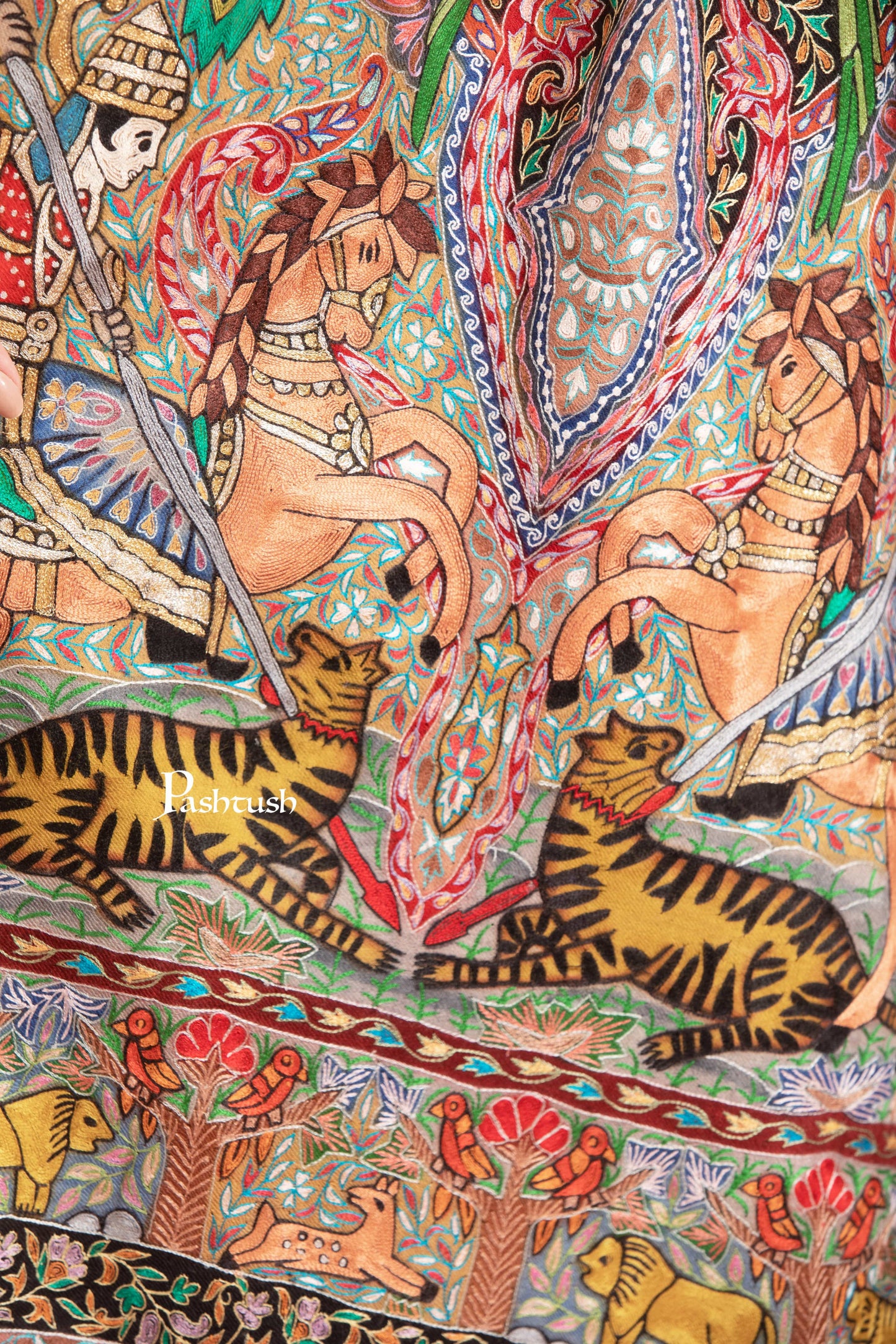 Pashtush India Womens Stole Pashtush Womens Extra Fine Wool Stole, Shikaar-Dar Hand Embroidered, Hand Painted Kalamkari Design, Multicolour