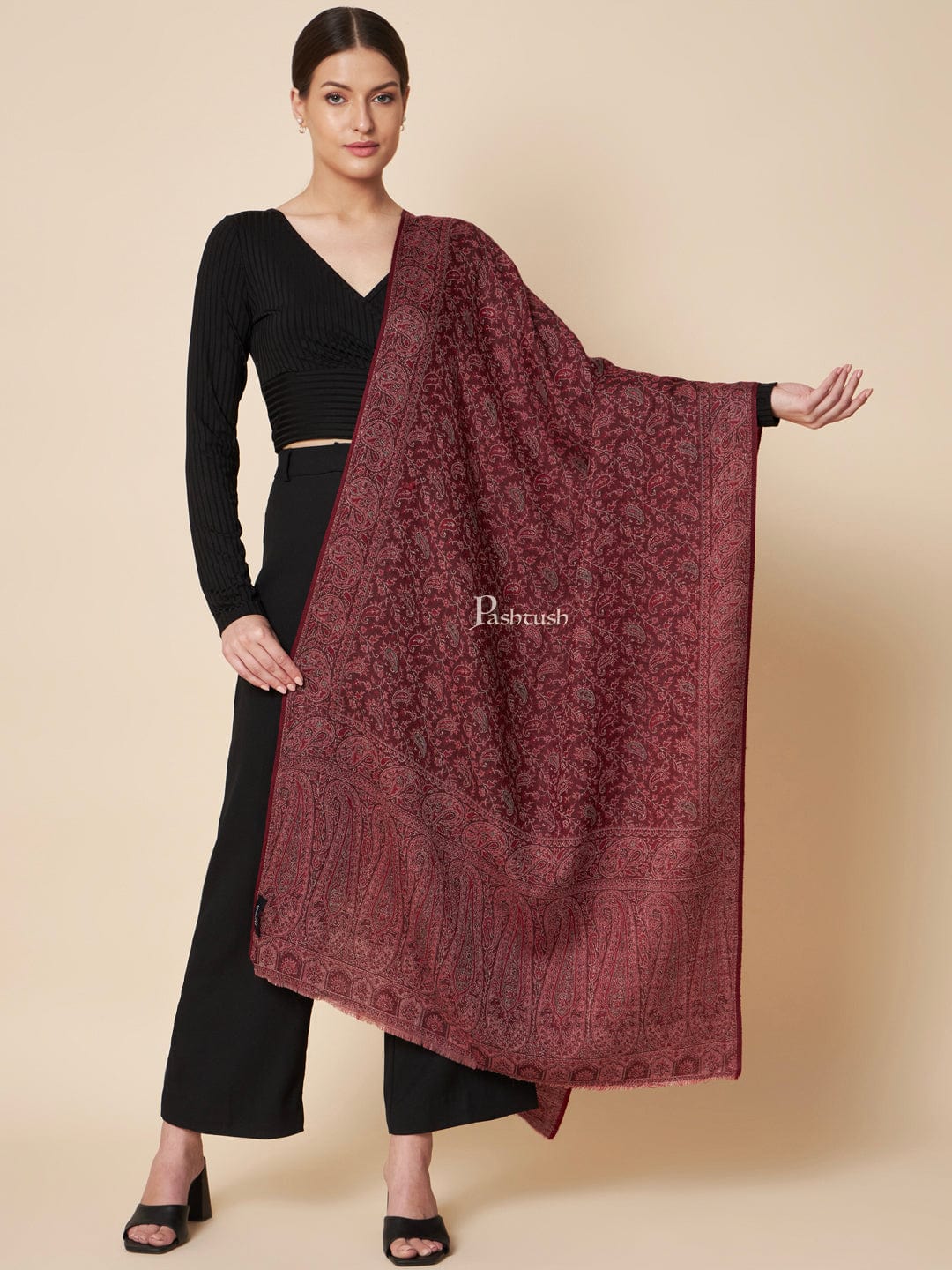 Pashtush India Womens Stoles and Scarves Scarf Pashtush Womens Extra Fine Wool Stole, Soft Paiseley Design, Multicolour