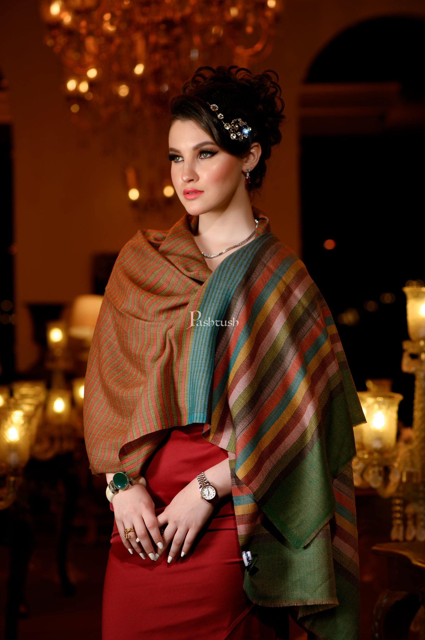 Pashtush India Womens Stoles and Scarves Scarf Pashtush Womens Extra Fine Wool Stole, Stripe Design, Multicolour