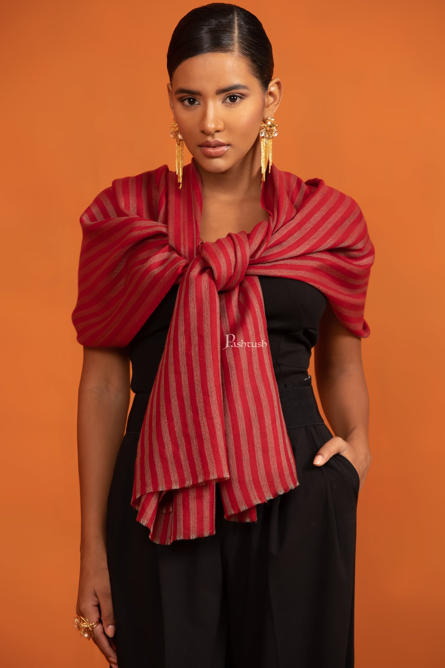 Pashtush India womens scarf and Stoles Pashtush Womens Extra Fine Wool Stole, Stripe Design, Red