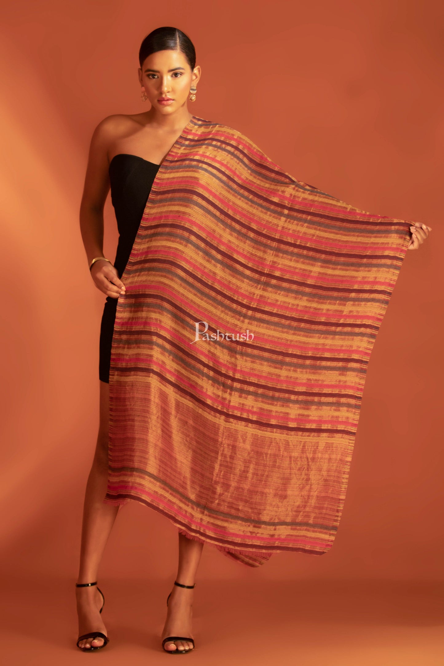 Pashtush India womens scarf and Stoles Pashtush Womens Extra Fine Wool Stole, Stripe With Zari Design, Multicolour