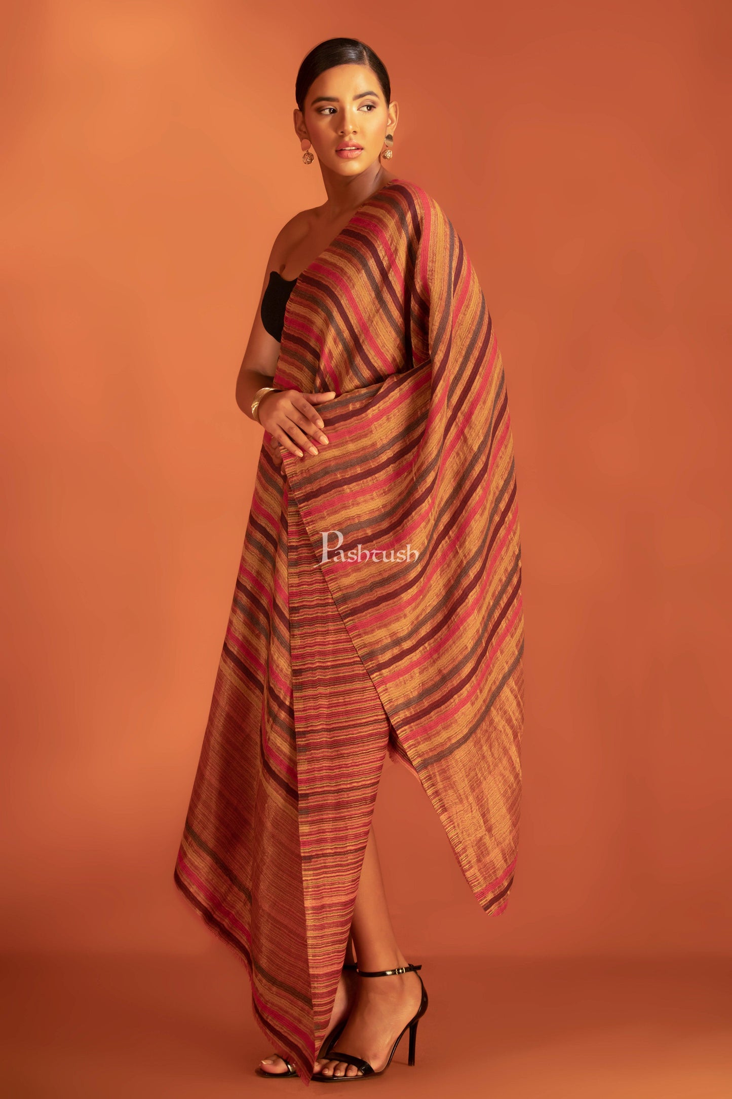 Pashtush India womens scarf and Stoles Pashtush Womens Extra Fine Wool Stole, Stripe With Zari Design, Multicolour