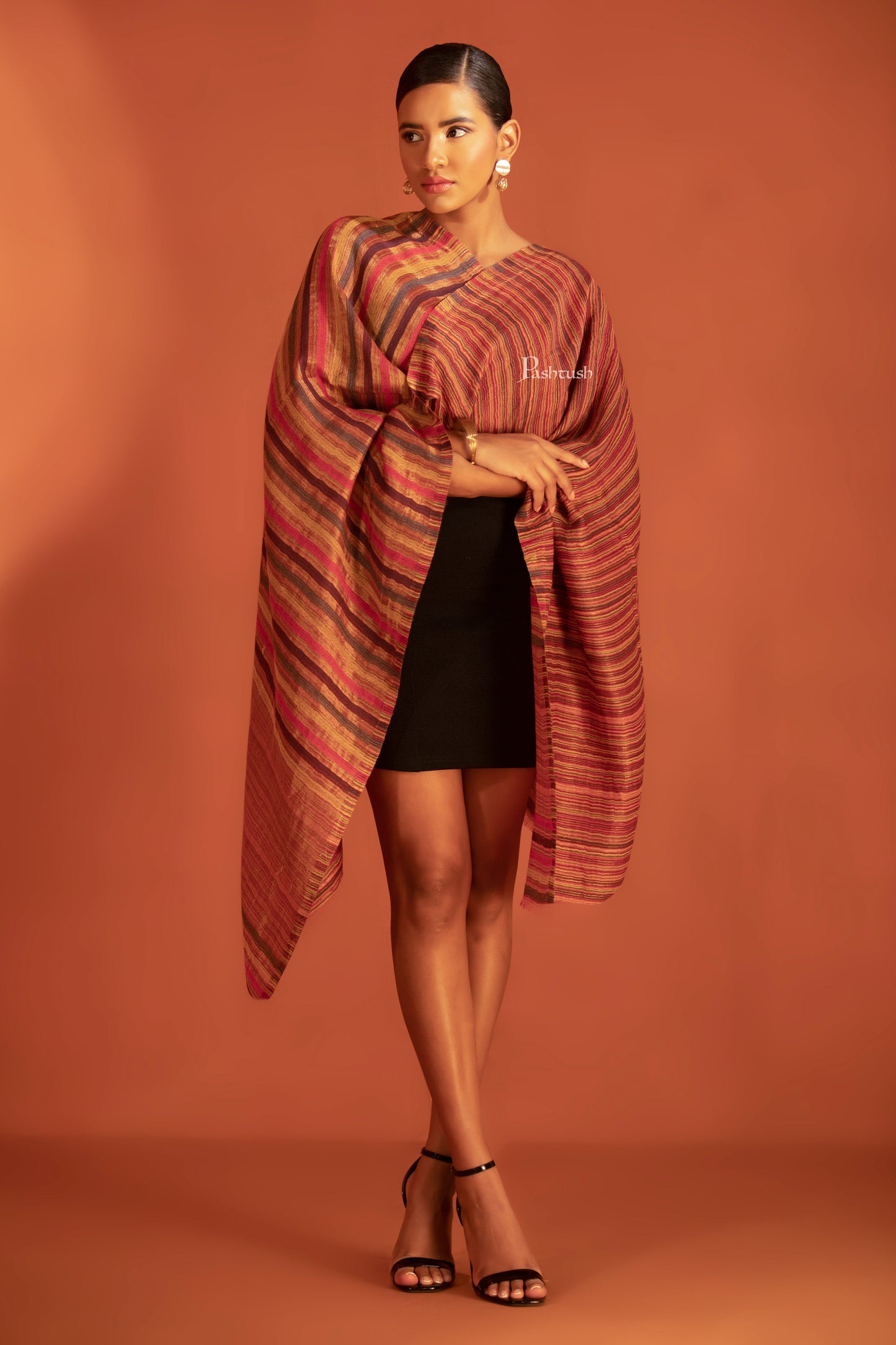 Pashtush India womens scarf and Stoles Pashtush Womens Extra Fine Wool Stole, Stripe With Zari Design, Multicolour