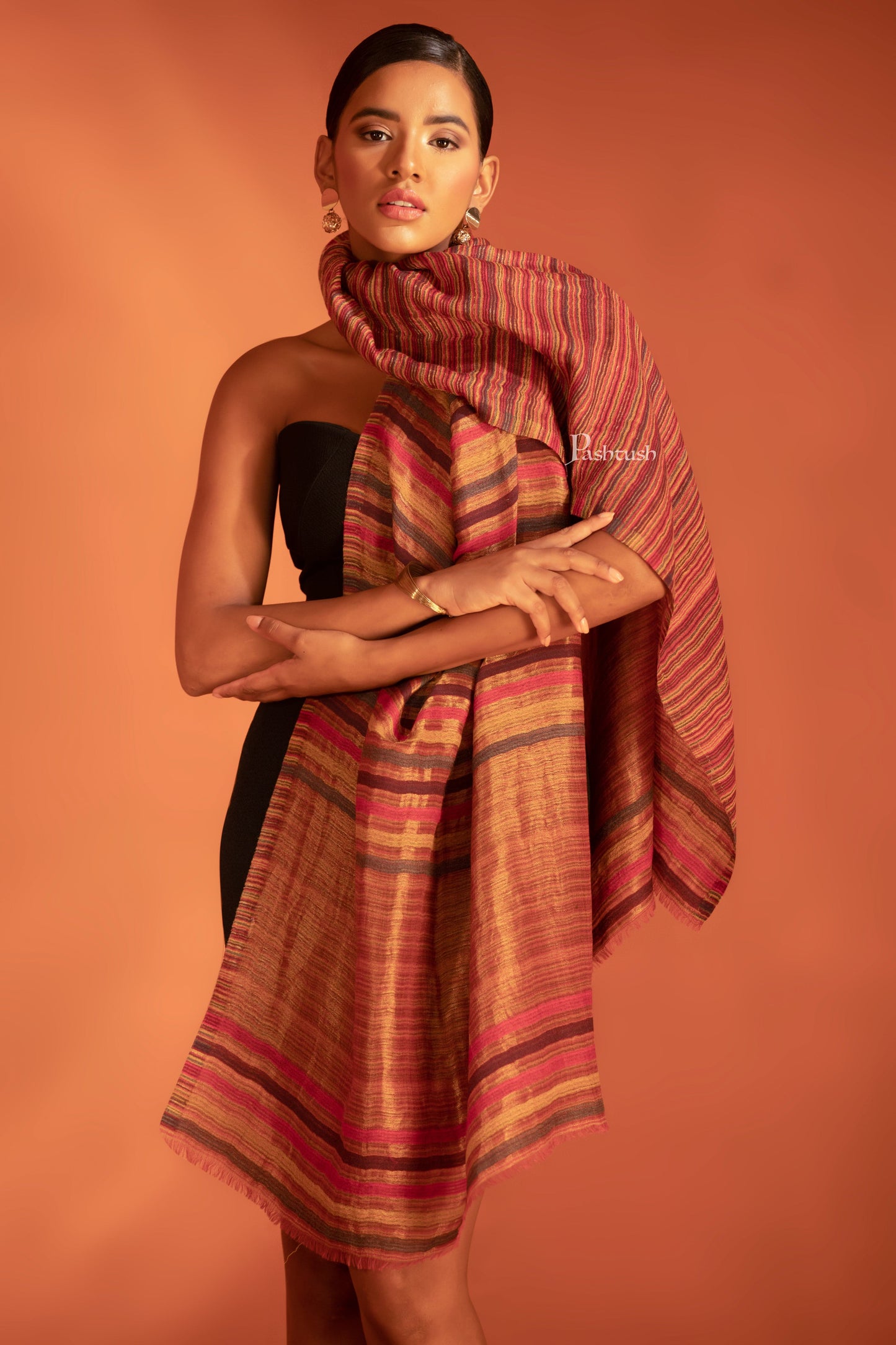 Pashtush India womens scarf and Stoles Pashtush Womens Extra Fine Wool Stole, Stripe With Zari Design, Multicolour