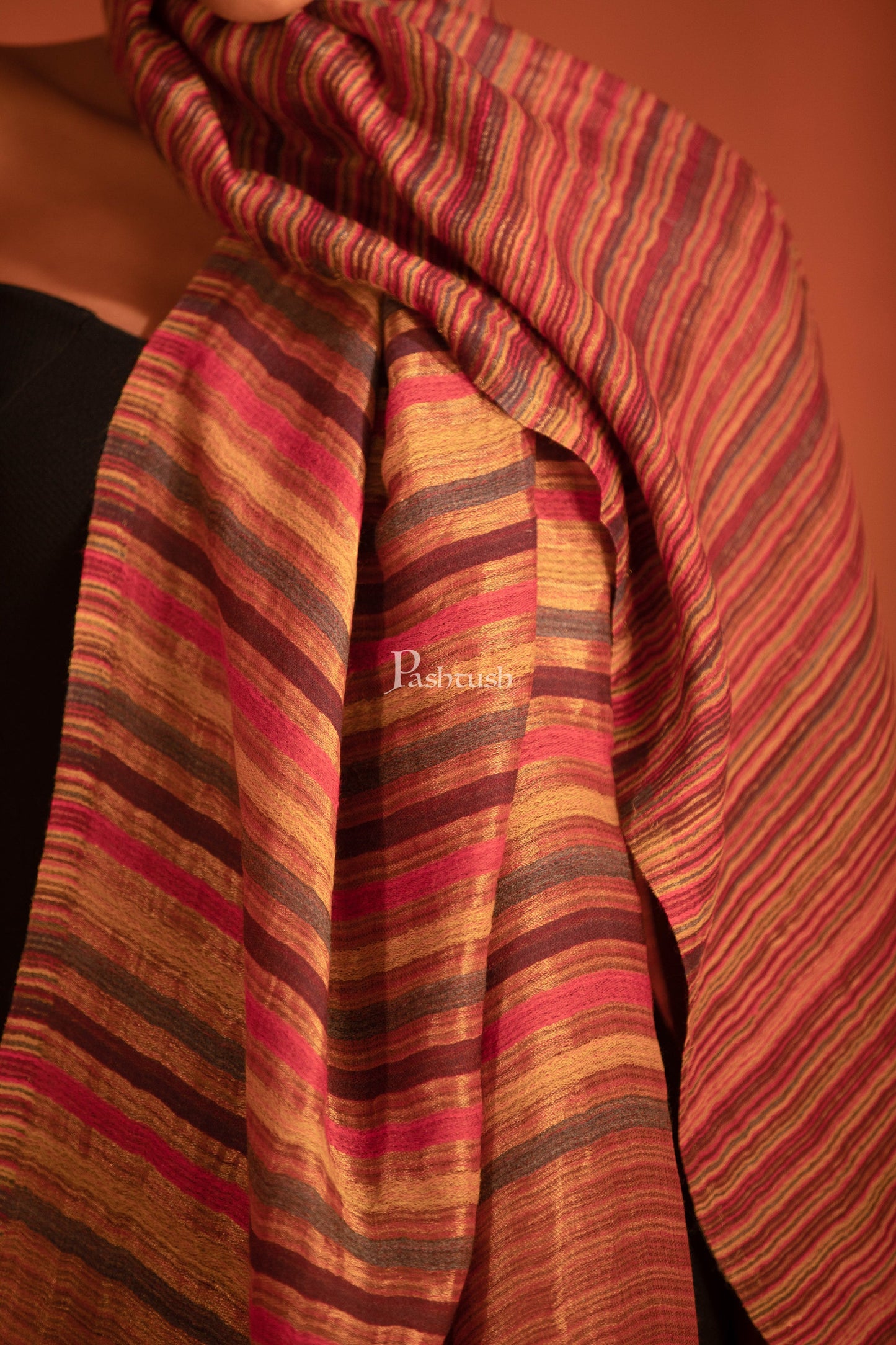 Pashtush India womens scarf and Stoles Pashtush Womens Extra Fine Wool Stole, Stripe With Zari Design, Multicolour
