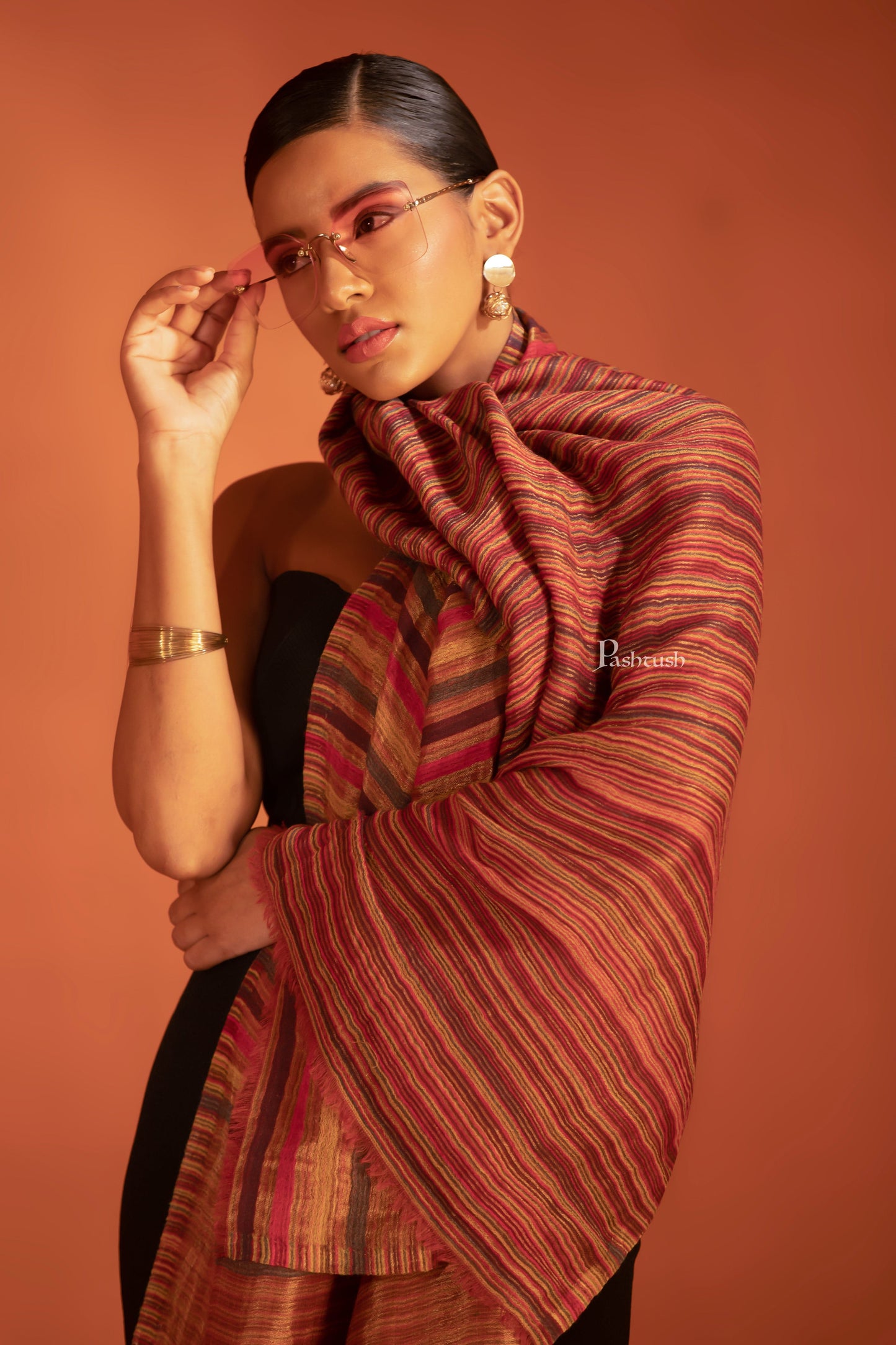 Pashtush India womens scarf and Stoles Pashtush Womens Extra Fine Wool Stole, Stripe With Zari Design, Multicolour