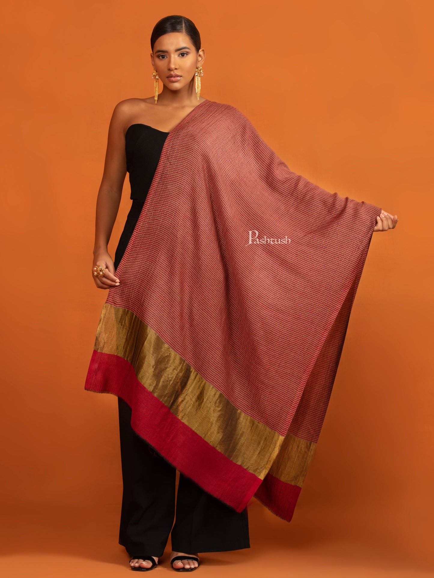 Pashtush India womens scarf and Stoles Pashtush Womens Extra Fine Wool Stole, Twilght Collection Stripe Design, Beige And Maroon