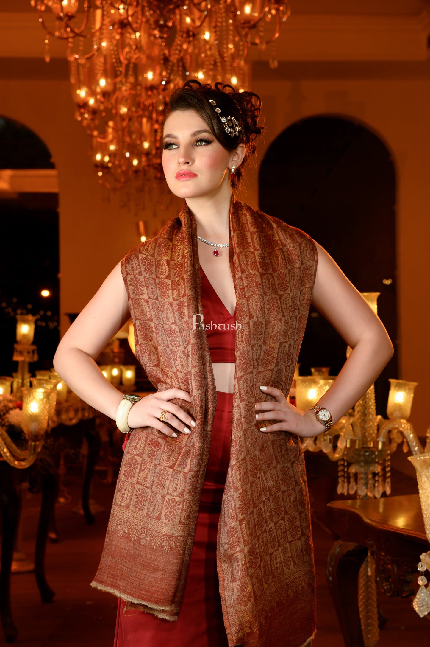 Pashtush India Womens Stoles and Scarves Scarf Pashtush Womens Extra Fine Wool Stole, Twilight Collection Reversible Design, Maroon
