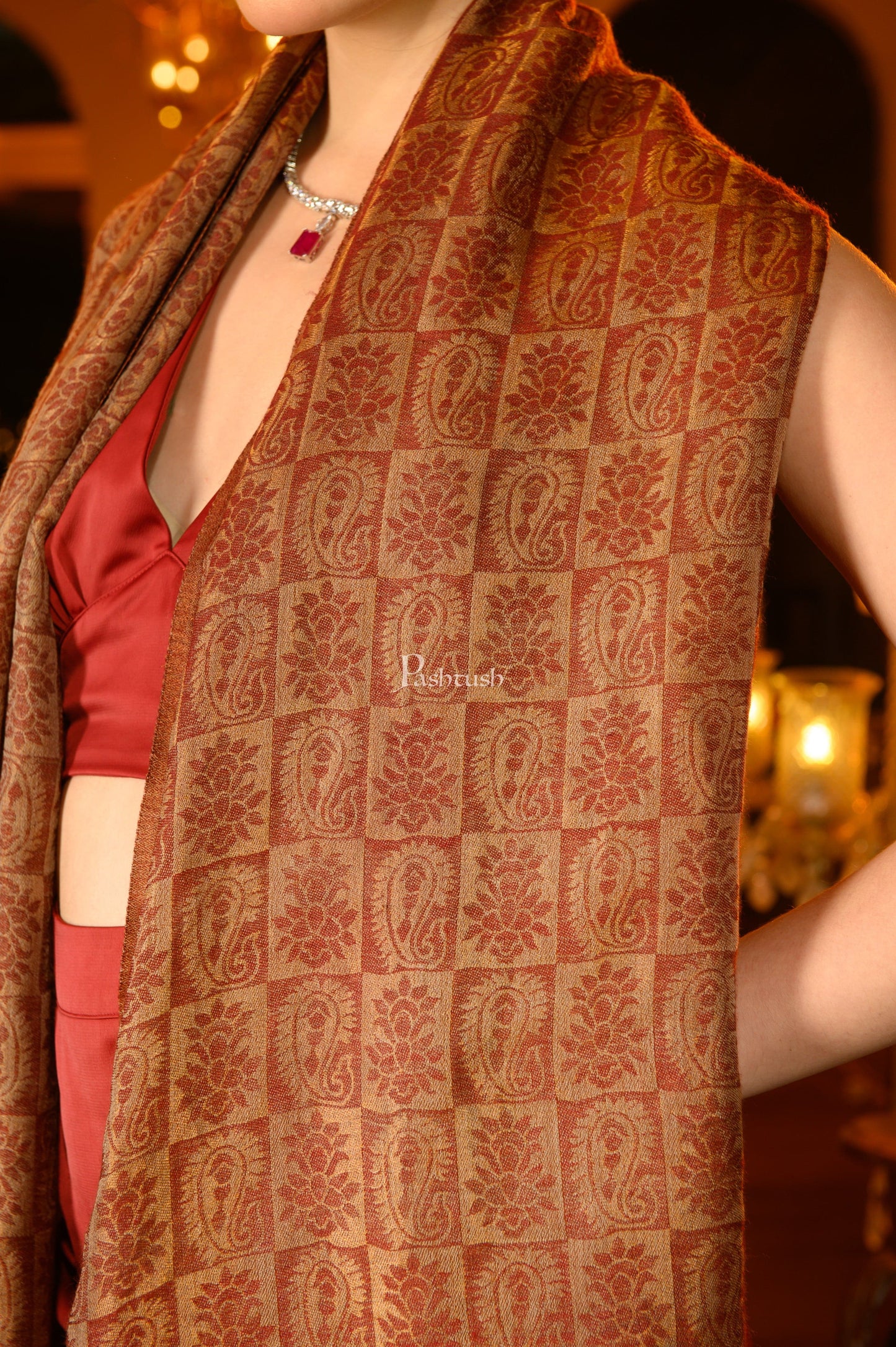 Pashtush India Womens Stoles and Scarves Scarf Pashtush Womens Extra Fine Wool Stole, Twilight Collection Reversible Design, Maroon