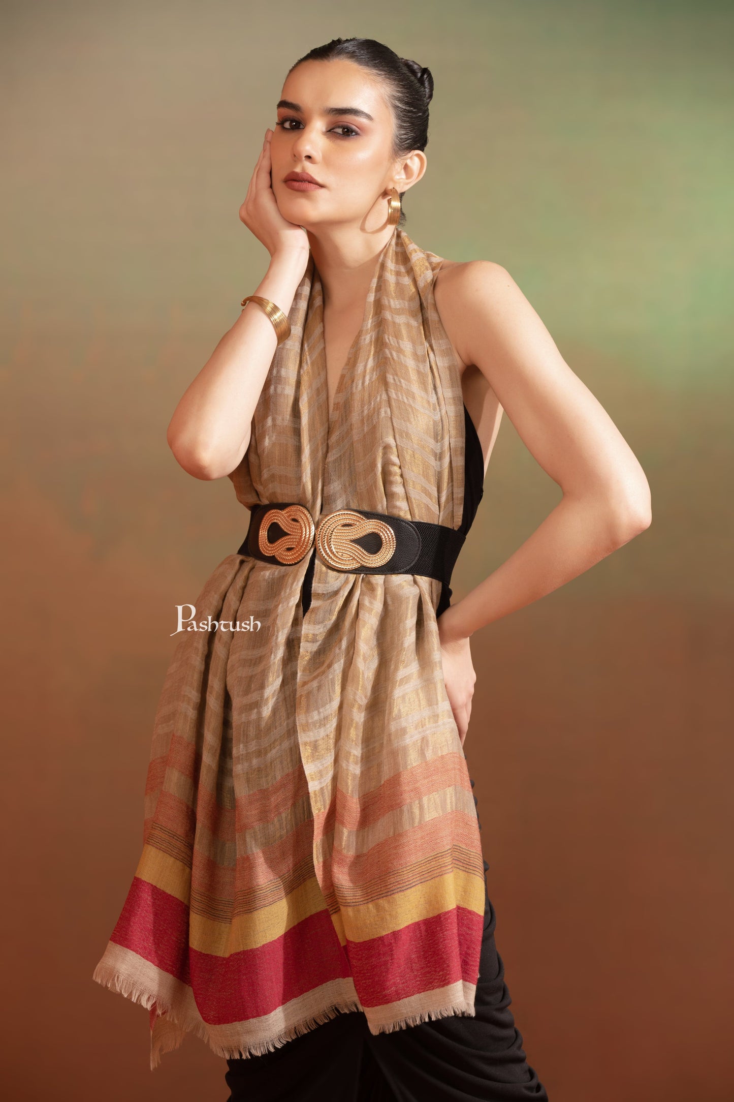Pashtush India Womens Stoles and Scarves Scarf Pashtush Womens Extra Fine Wool Stole, Twilight Collection, Shimmery Weave Beige And Maroon